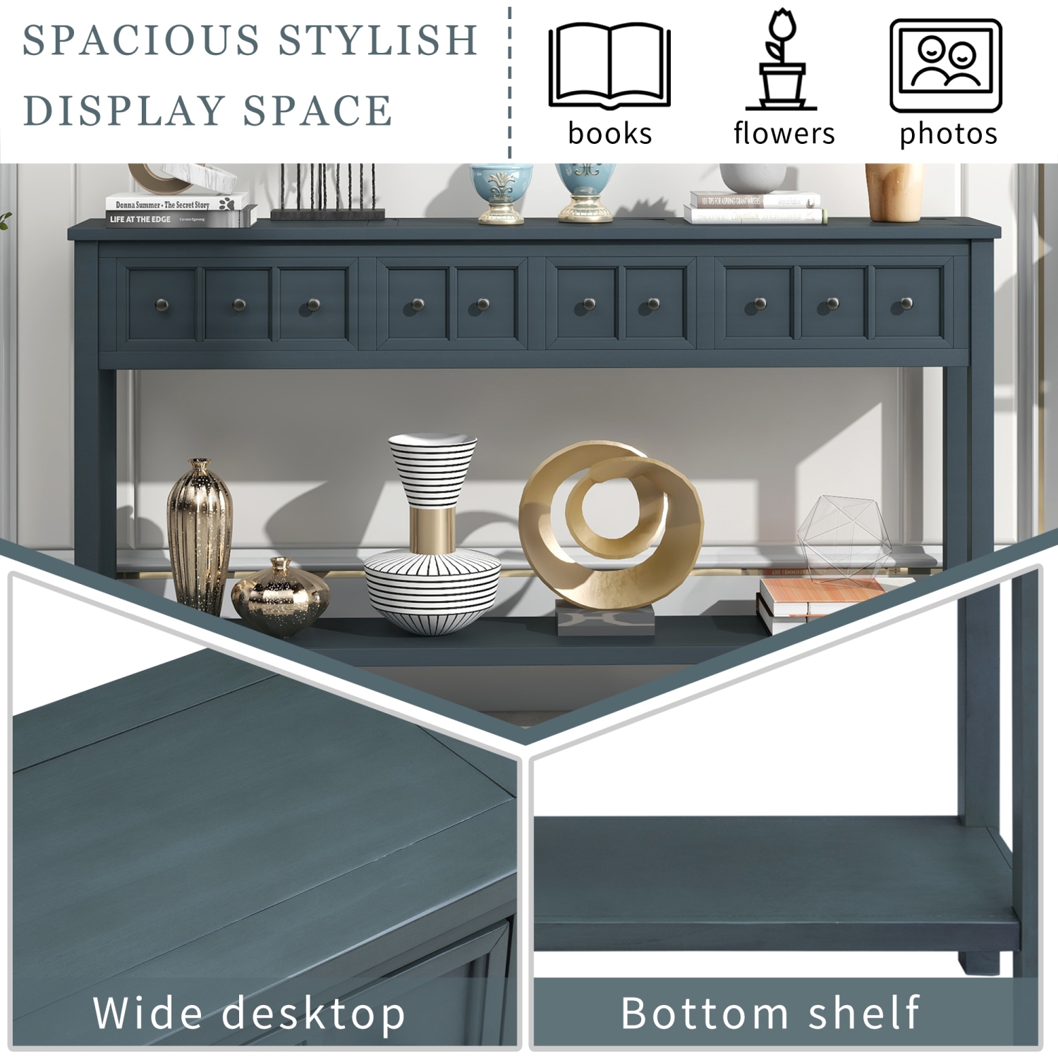 Kepooman Rustic Entryway Console Table, 60" Long Sofa Table with two Different Size Drawers and Bottom Shelf for Storage - Navy