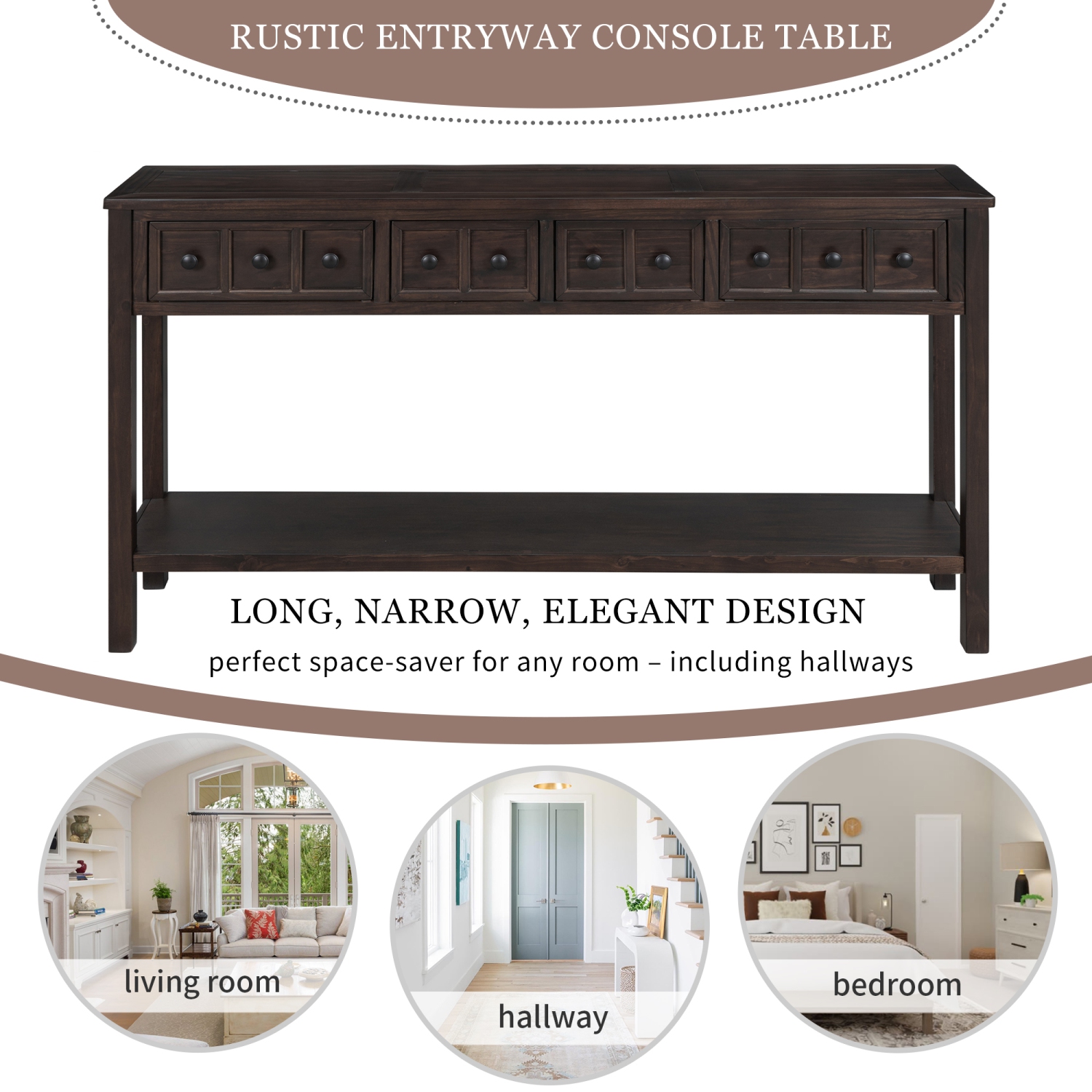 Kepooman Rustic Entryway Console Table, 60" Long Sofa Table with two Different Size Drawers and Bottom Shelf for Storage - Espresso