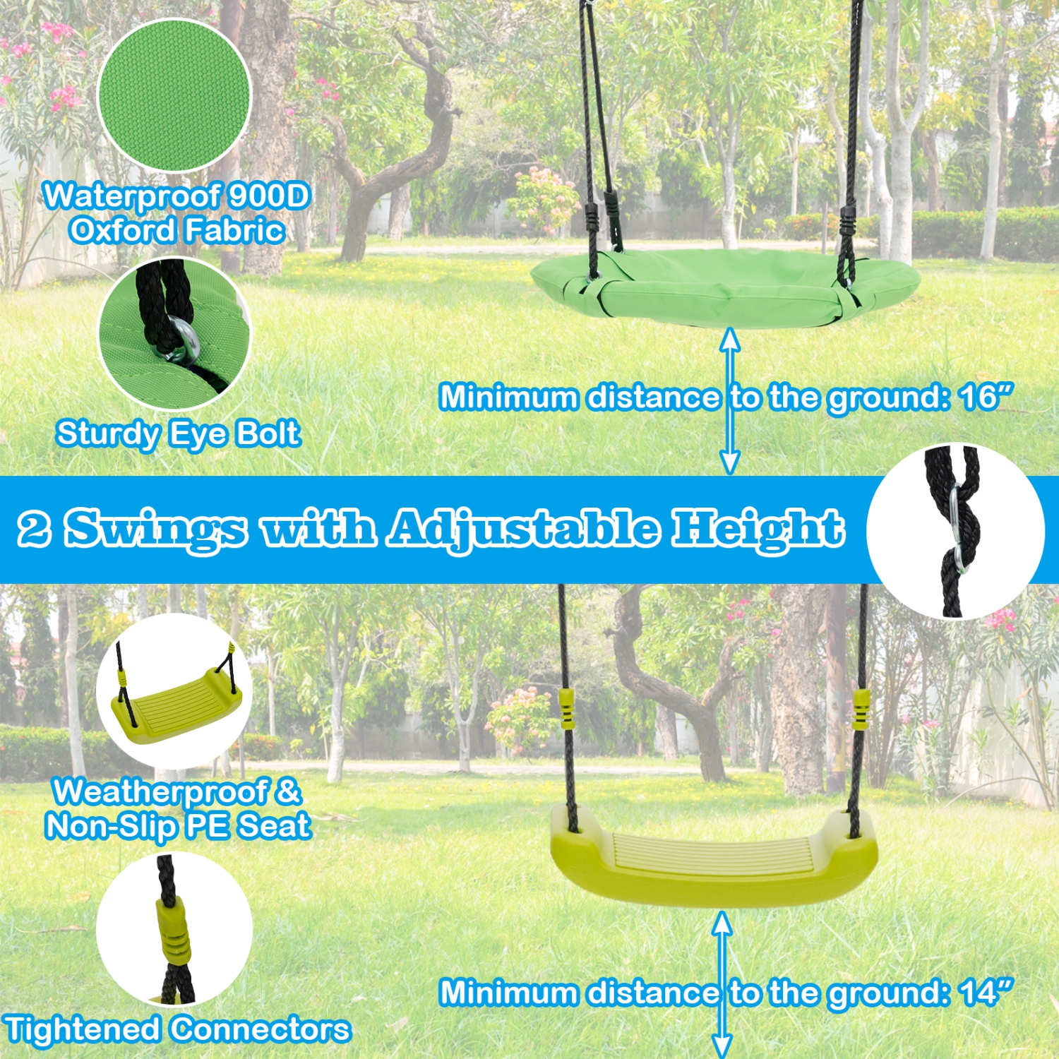 Costway Swing Set for Backyard with 2 Height Adjustable Swings Glider Basketball Hoop
