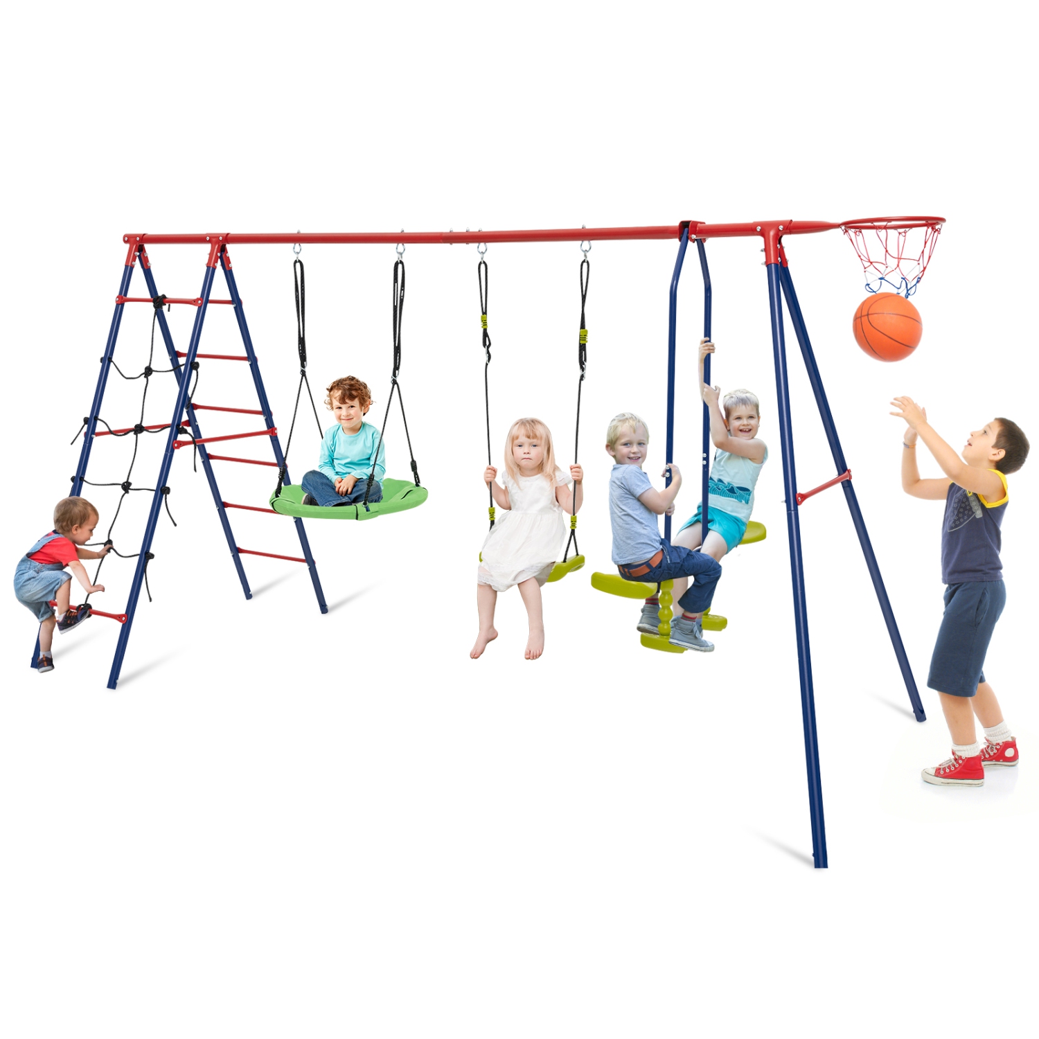Costway Swing Set for Backyard with 2 Height Adjustable Swings Glider Basketball Hoop