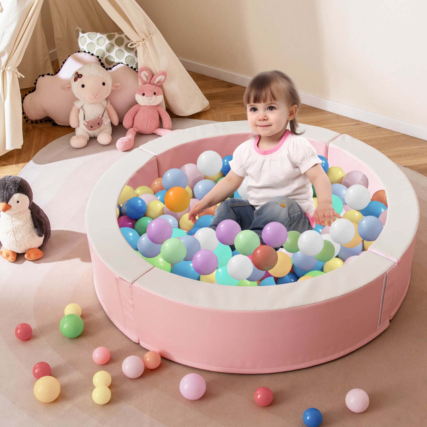 Costway 44.5" x 10" Baby Ball Pit Detachable Foam Ball Pit with 50 Colorful Ocean Balls Blue/Pink