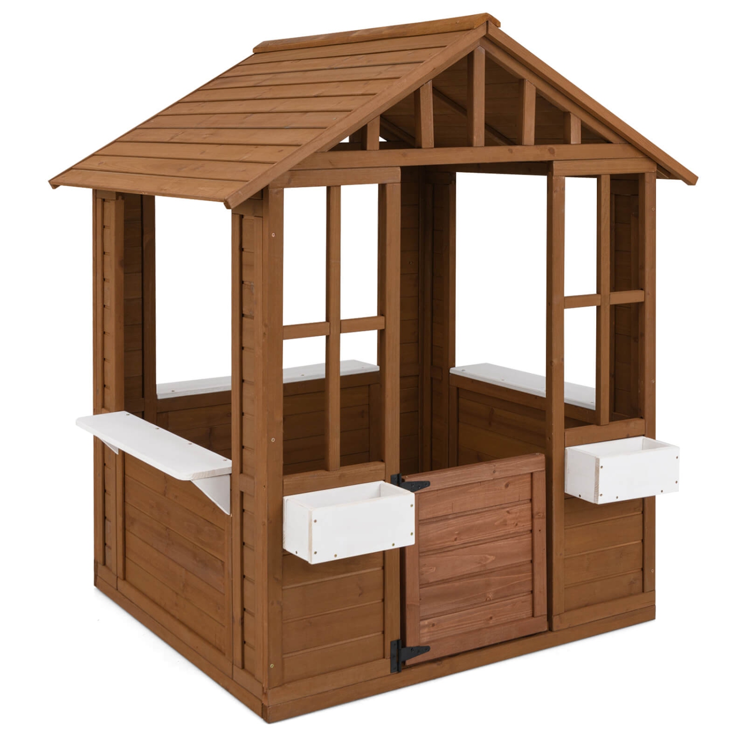 Costway Outdoor Playhouse Wood Adventures Cottage with Serving Stations & Door Natural