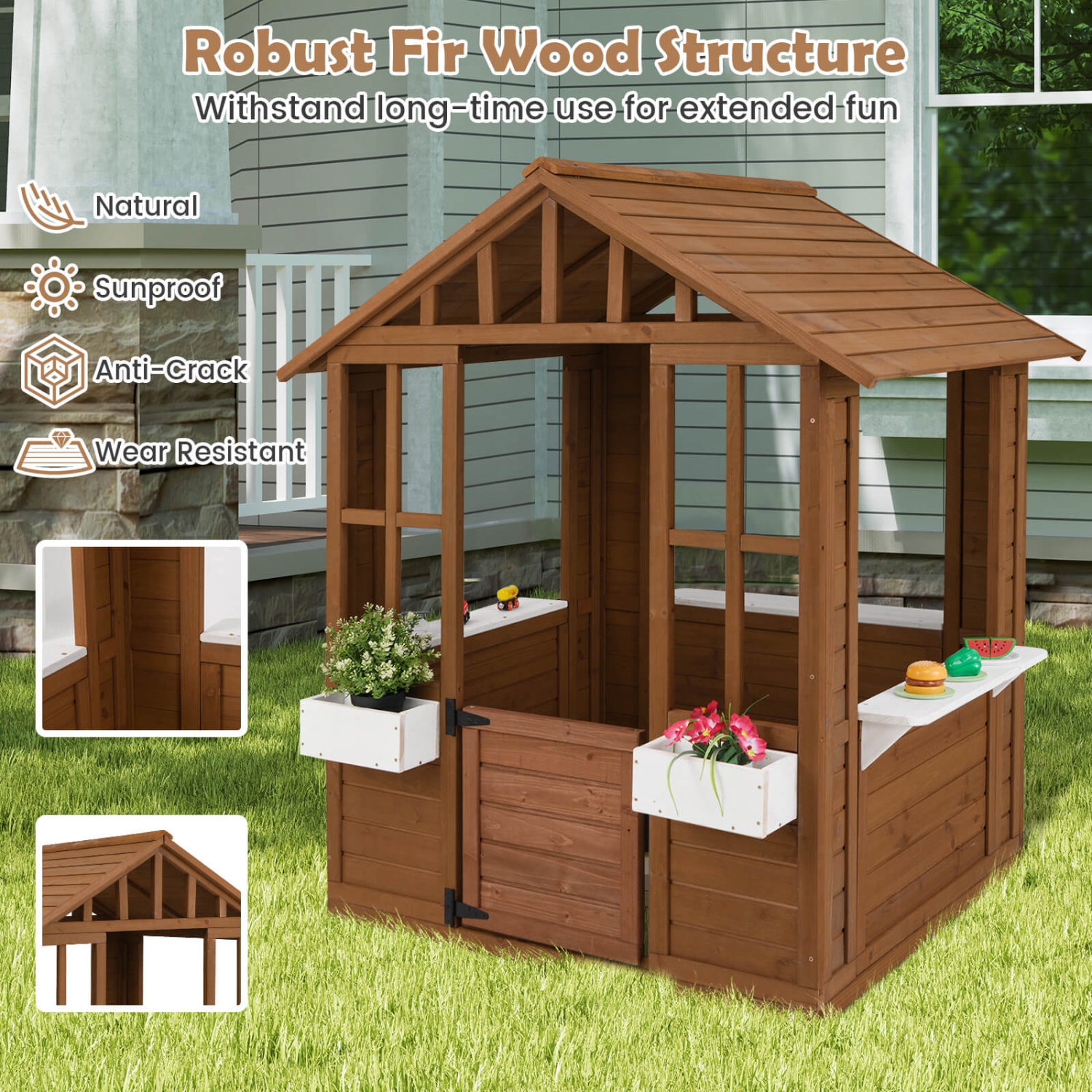 Costway Outdoor Playhouse Wood Adventures Cottage with Serving Stations & Door Natural