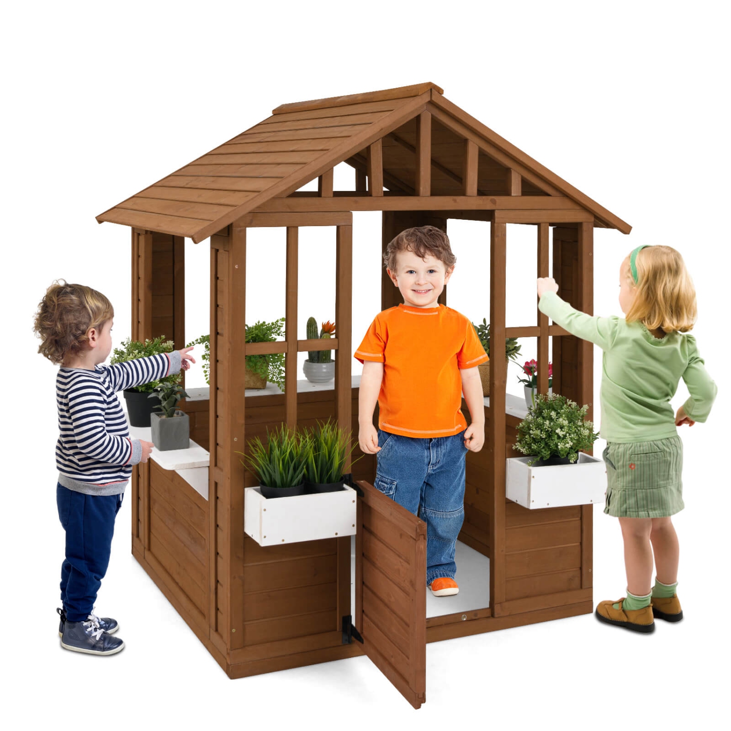 Costway Outdoor Playhouse Wood Adventures Cottage with Serving Stations & Door Natural
