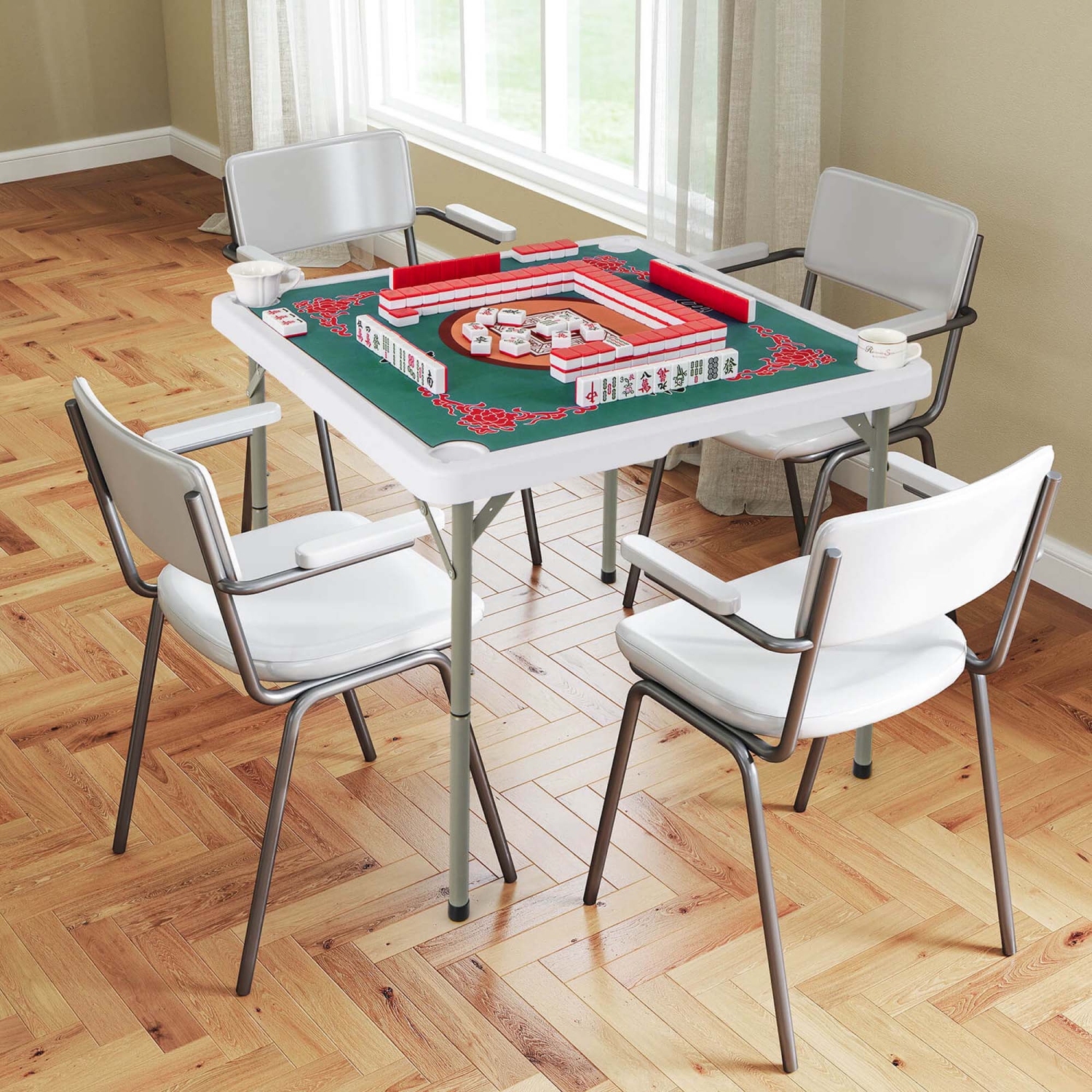 Table pliante Mahjong de 35&nbsp;po de Costway avec porte-gobelets et tapis en feutre lisse, vert/rouge/bleu/multicolore