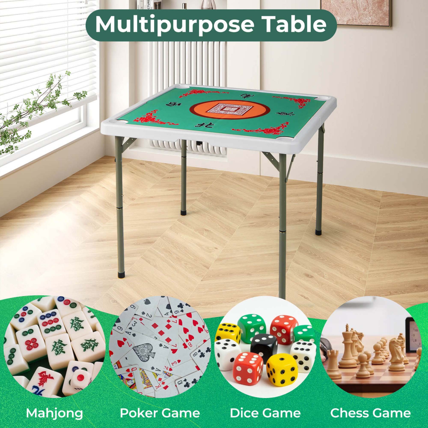 Table pliante Mahjong de 35&nbsp;po de Costway avec porte-gobelets et tapis en feutre lisse, vert/rouge/bleu/multicolore