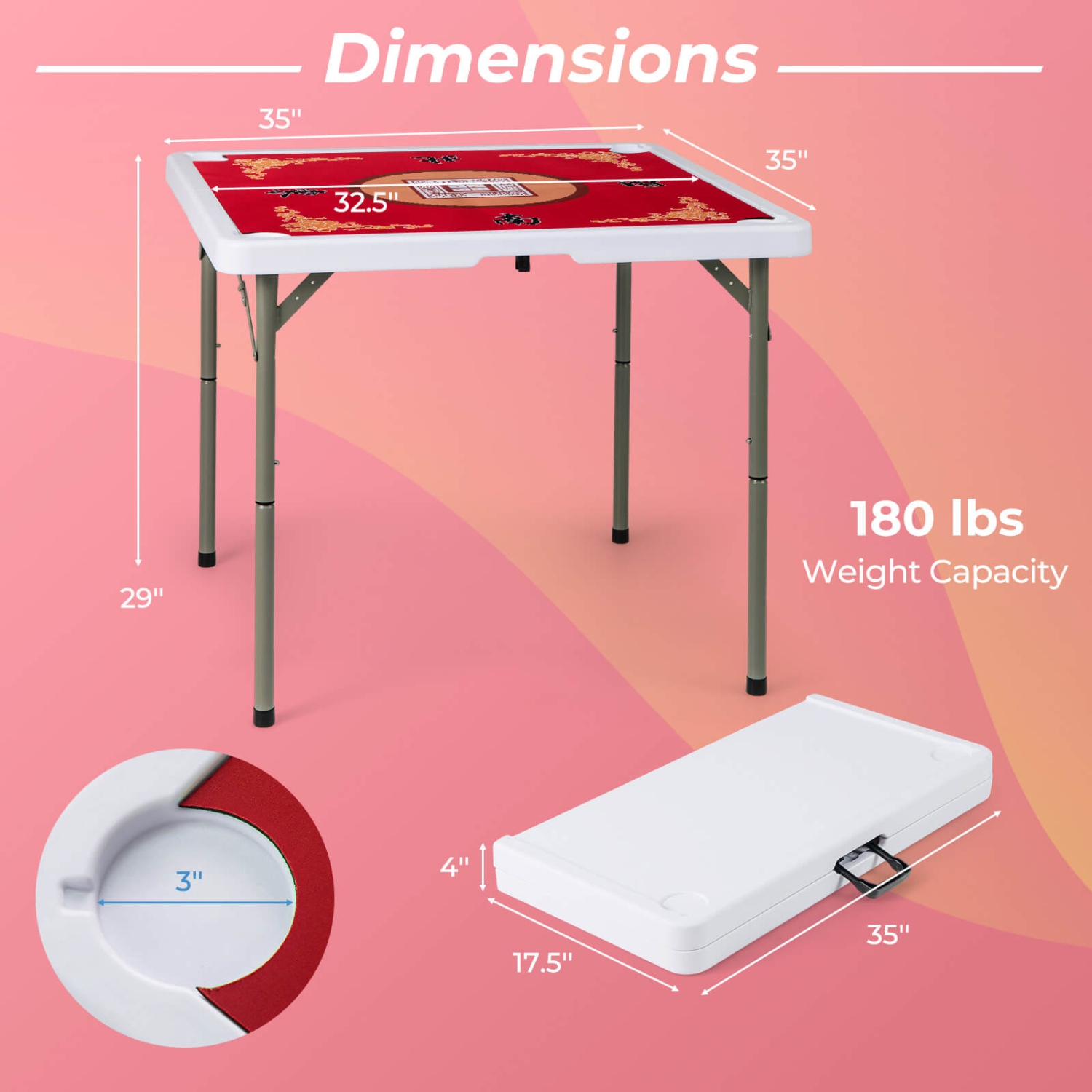 Table pliante Mahjong de 35&nbsp;po de Costway avec porte-gobelets et tapis en feutre lisse, vert/rouge/bleu/multicolore