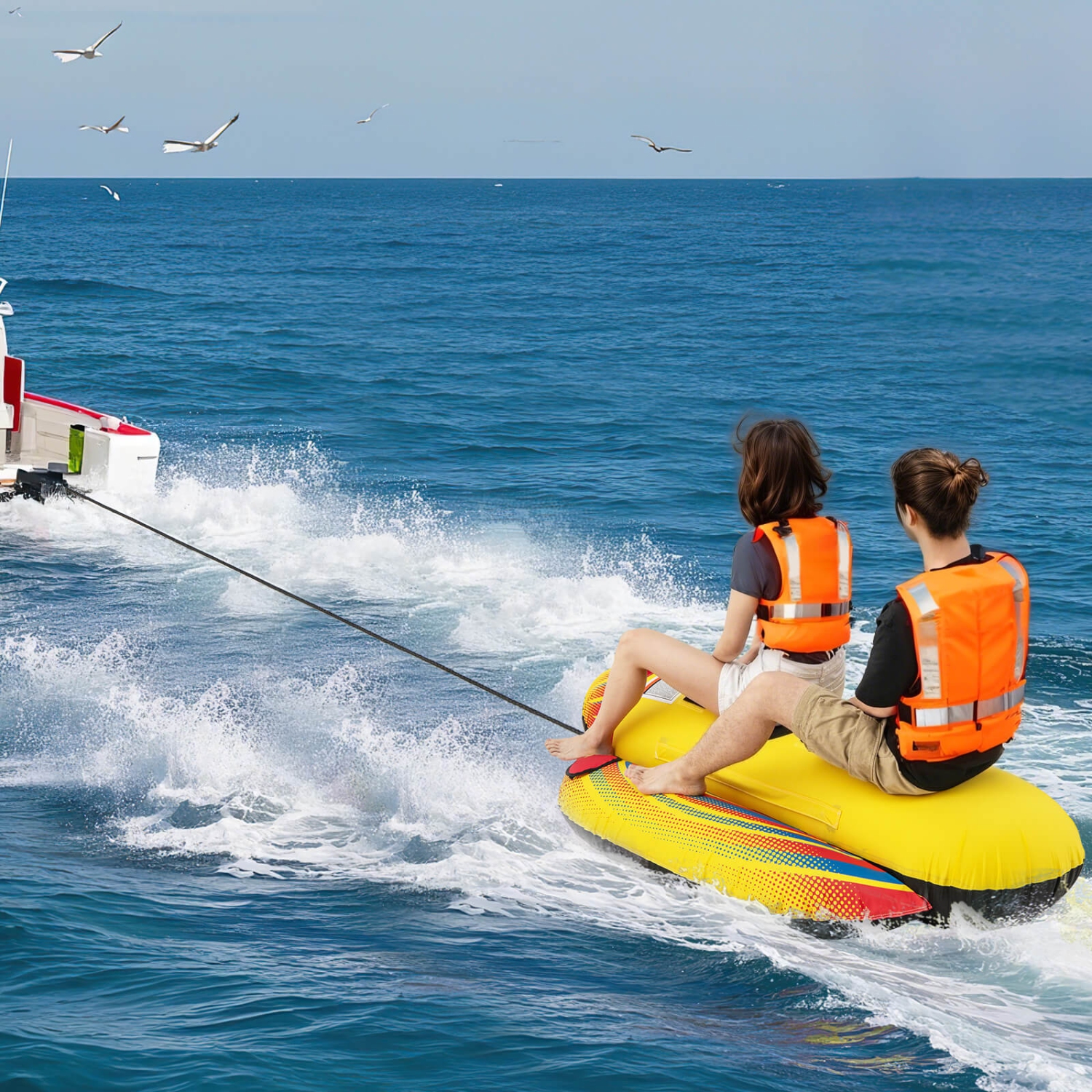 Bateau banane gonflable pour 2&nbsp;personnes avec bateau et eau de Costway Sports 2 sièges rembourrés en EVA