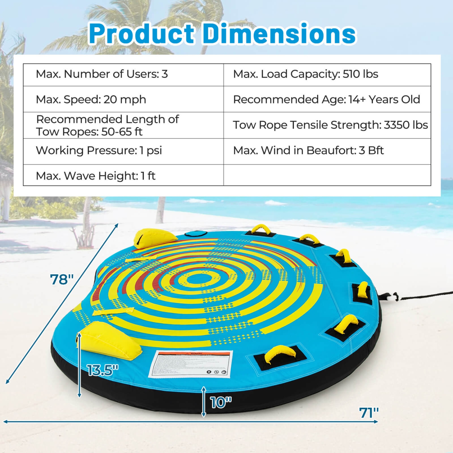 Costway Towable Tube for Boating 1-3 Person Inflatable Boat Tube for Youth & Adult