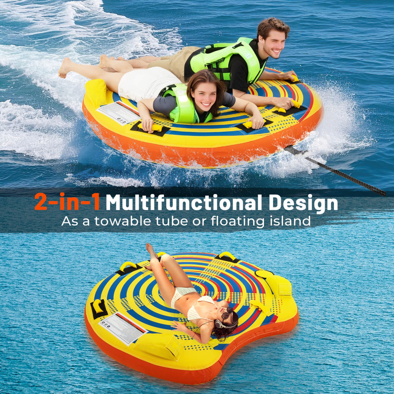 Costway Towable Tube for Boating 1 or 2 Person Inflatable Boat Tube for Youth & Adult Yellow