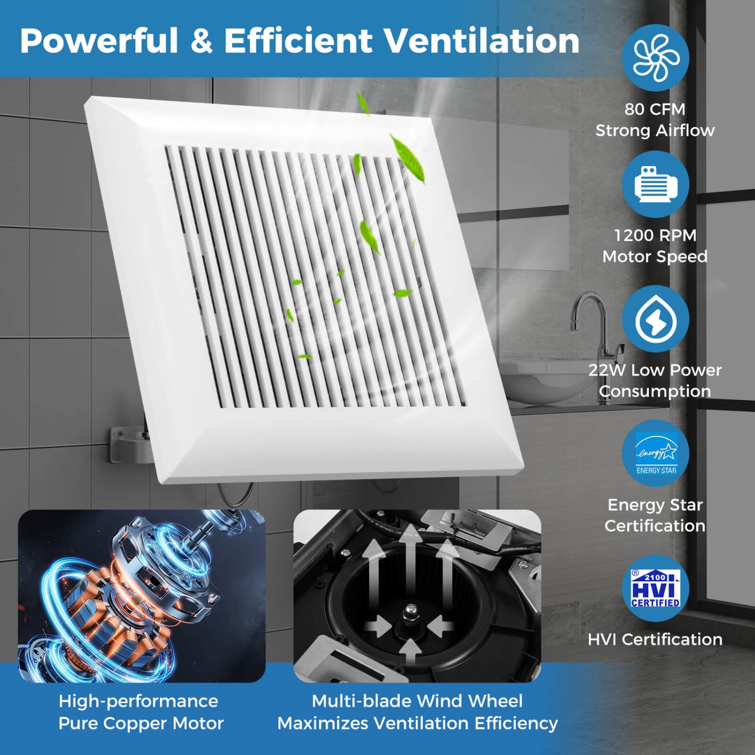 Ventilateur de plafond 80 pi3/min de Costway pour salle de bain avec boîtier en métal, conduit blanc de 4&nbsp;po