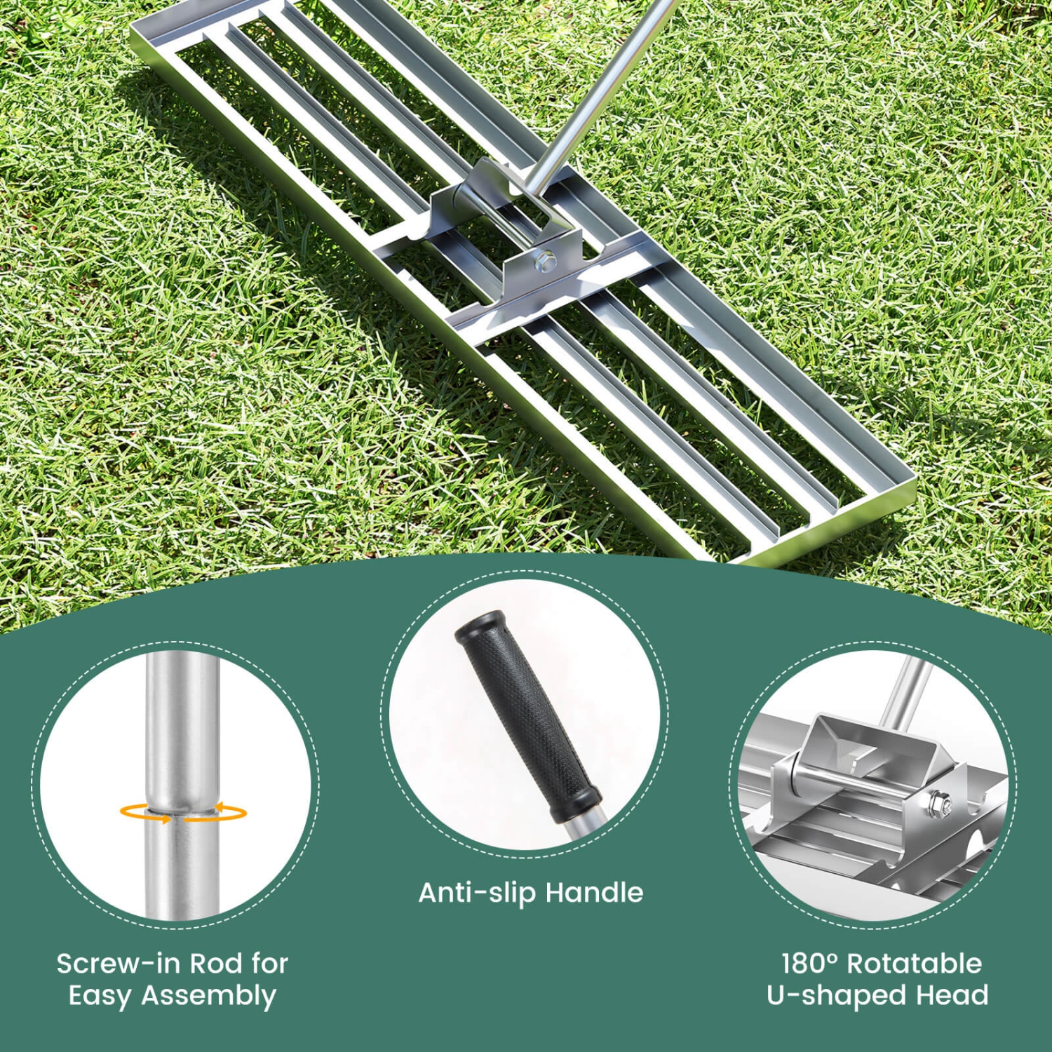Costway Lawn Leveling Rake 42" x 10" Heavy Duty Level Lawn Tool for Garden Backyard/Lawn Green/Black/Silver