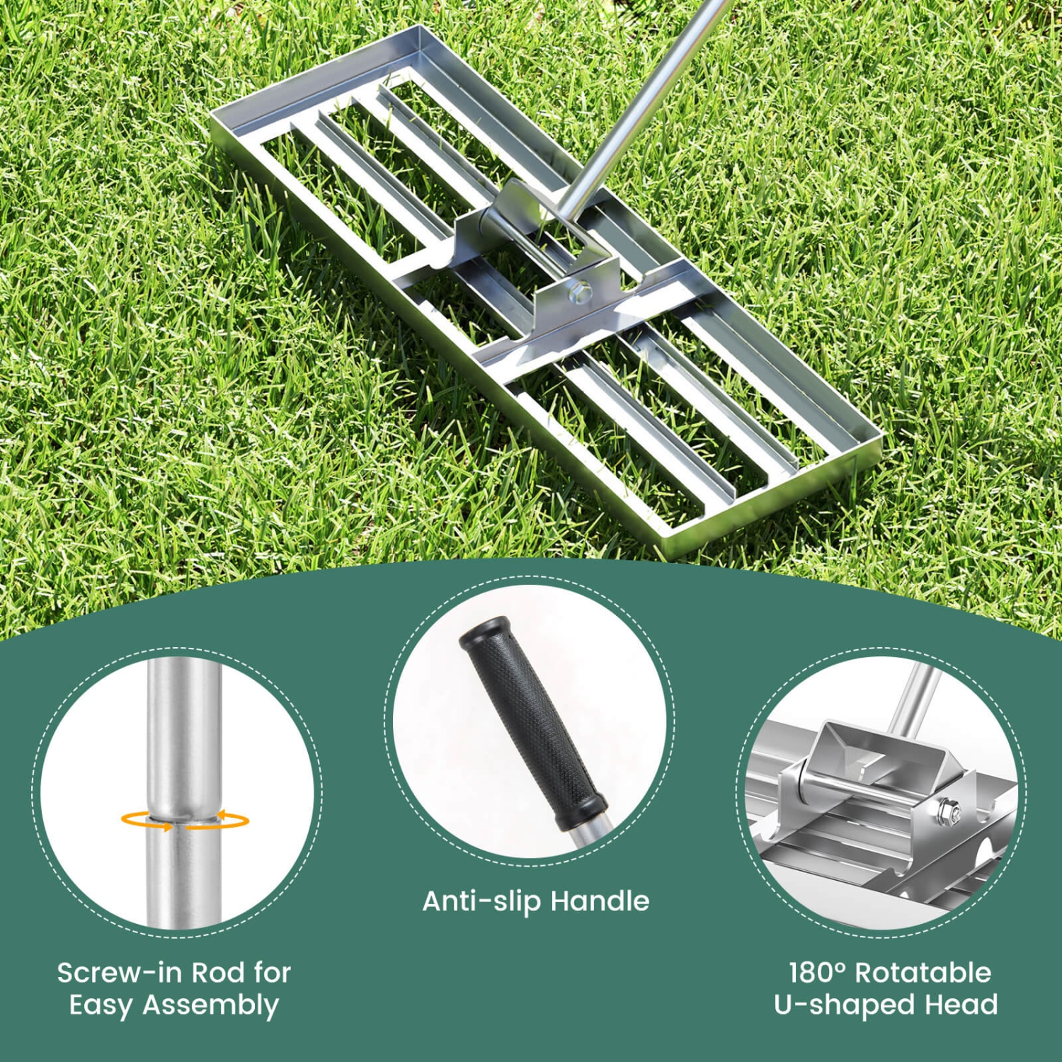 Costway Lawn Leveling Rake 30" x 10" Heavy Duty Level Lawn Tool for Garden Backyard/Lawn Green/Black/Silver