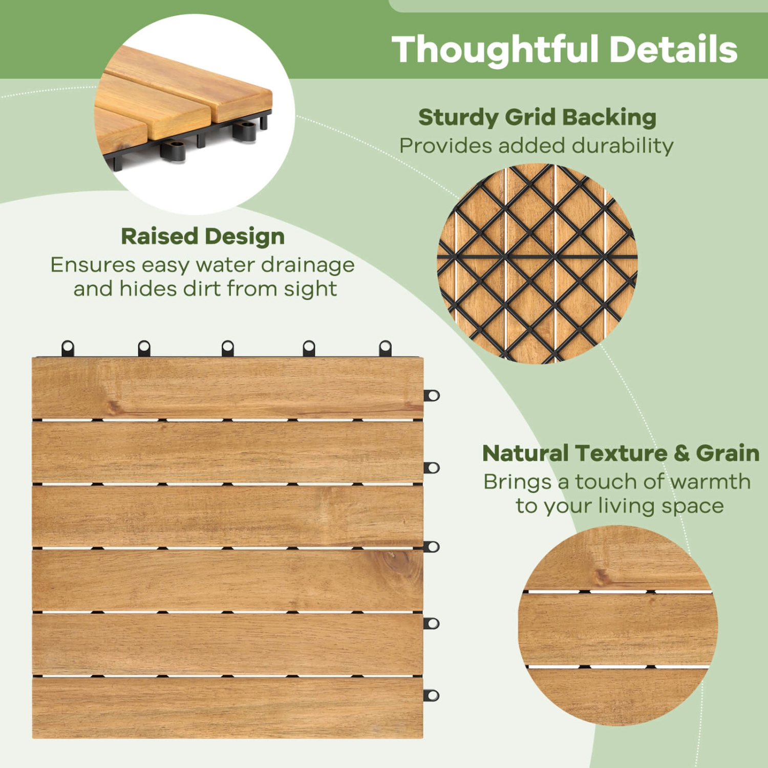 Costway 30 PCS Acacia Wood Flooring Tiles 12" x 12" Snap-in-place Patio Tiles for Porch