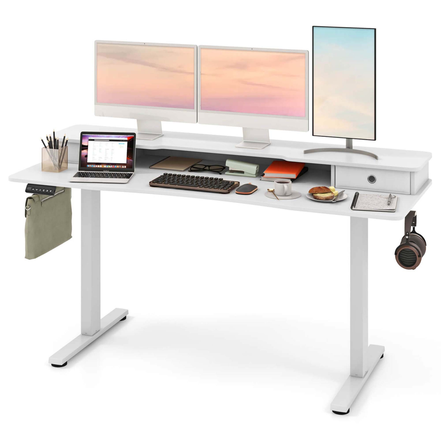 Costway 63" x 24" Electric Standing Desk with 2 Drawers Monitor Stand Storage Shelf Brown/Black/White