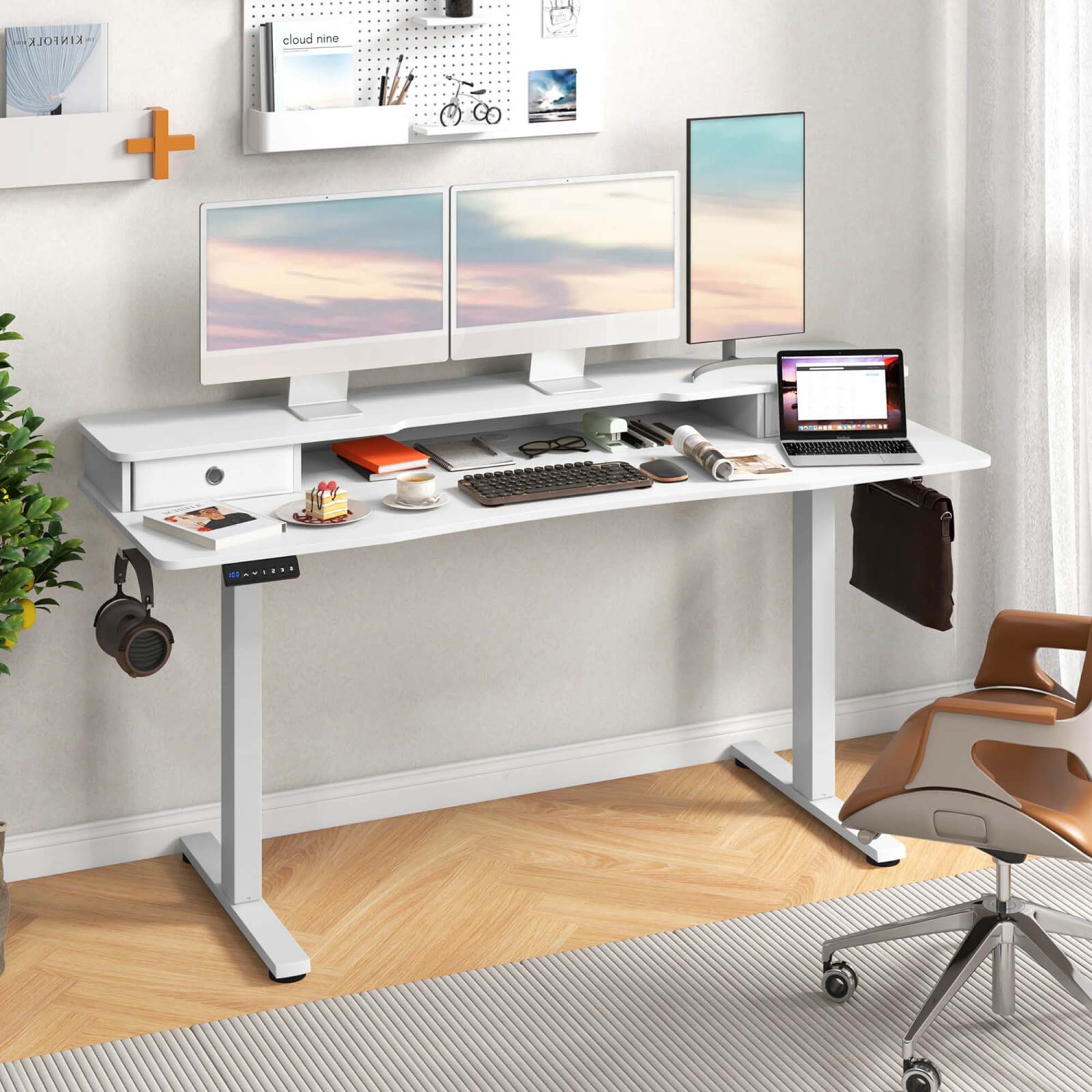 Costway 63" x 24" Electric Standing Desk with 2 Drawers Monitor Stand Storage Shelf Brown/Black/White