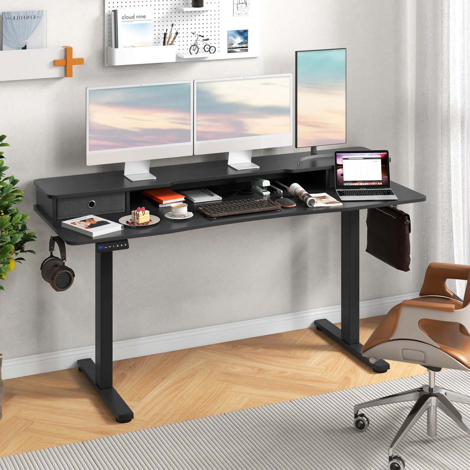 Costway 63" x 24" Electric Standing Desk with 2 Drawers Monitor Stand Storage Shelf Brown/Black/White