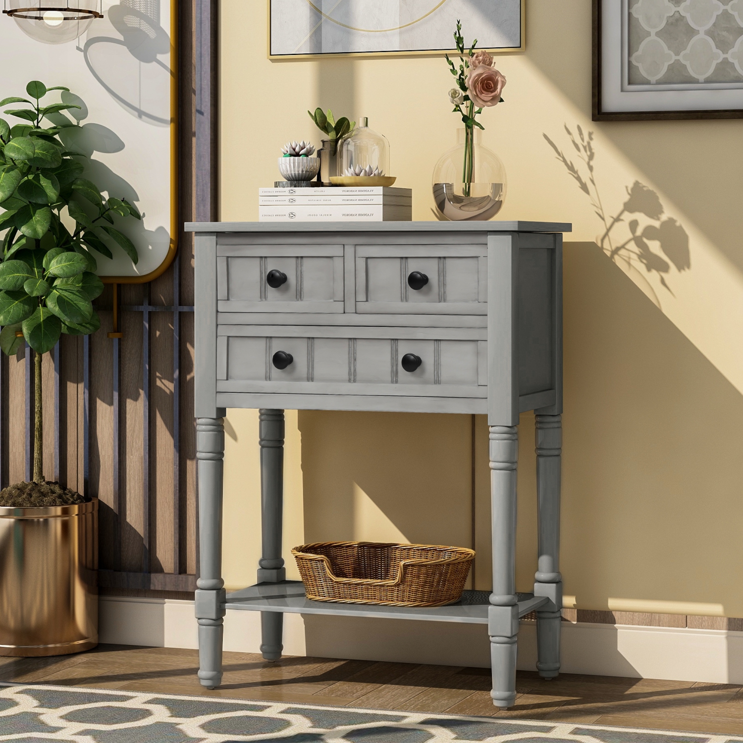 Kepooman Narrow Console Table with Three Storage Drawers and Bottom Shelf for Entryway and Living Room - Gray