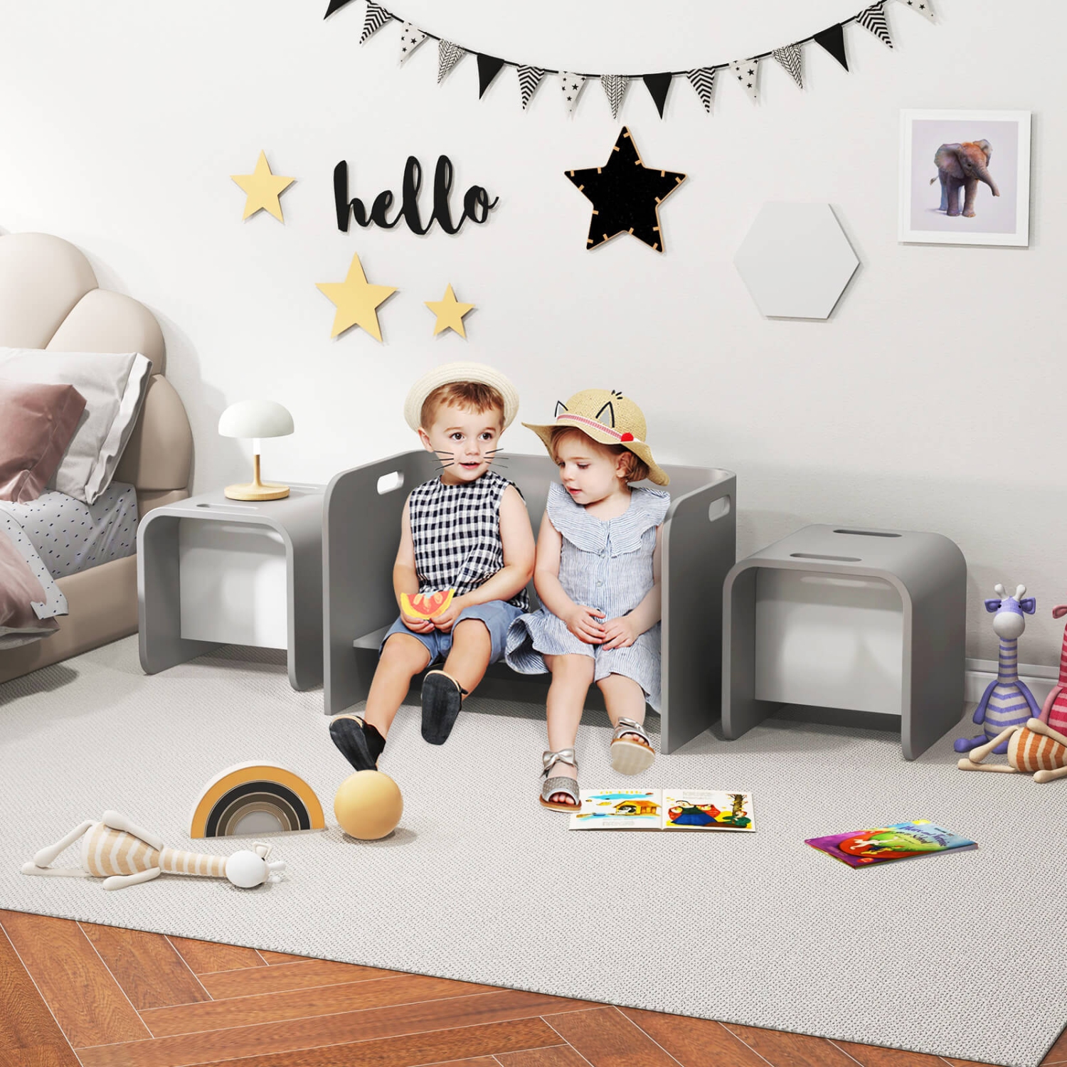 Costway 3 PCS Kids Wooden Table & Chair Set Children Multipurpose Homeschool Furniture Natural/Gray