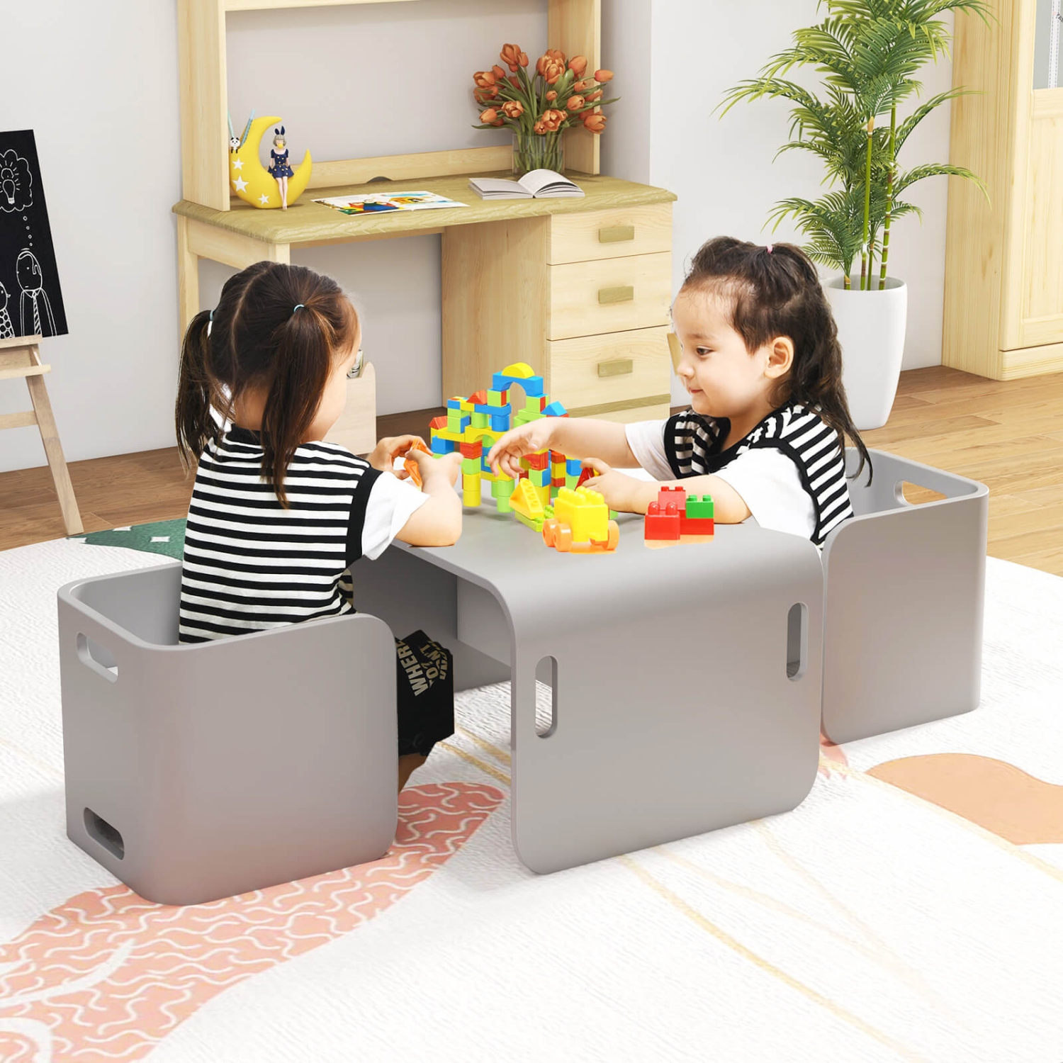 Costway 3 PCS Kids Wooden Table & Chair Set Children Multipurpose Homeschool Furniture Natural/Gray