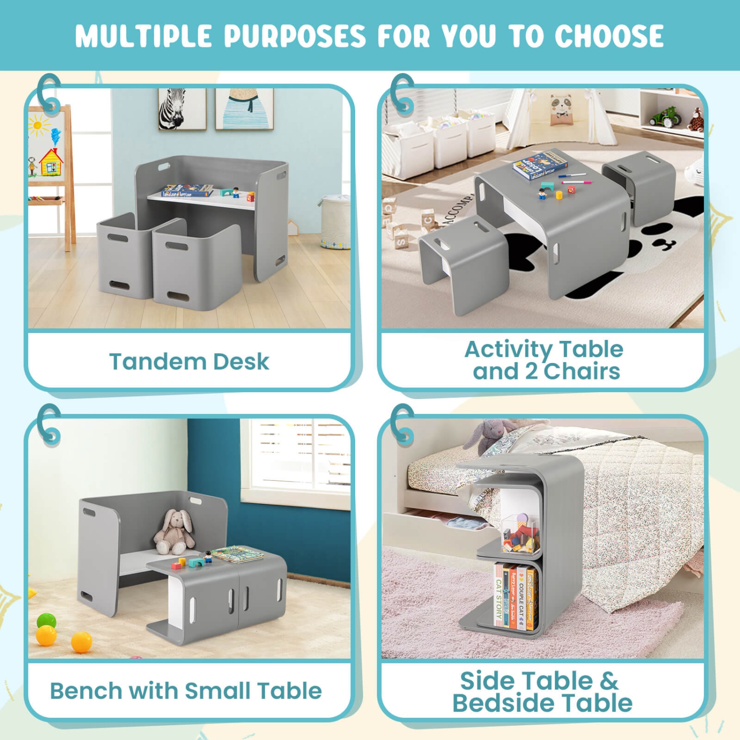 Costway 3 PCS Kids Wooden Table & Chair Set Children Multipurpose Homeschool Furniture Natural/Gray