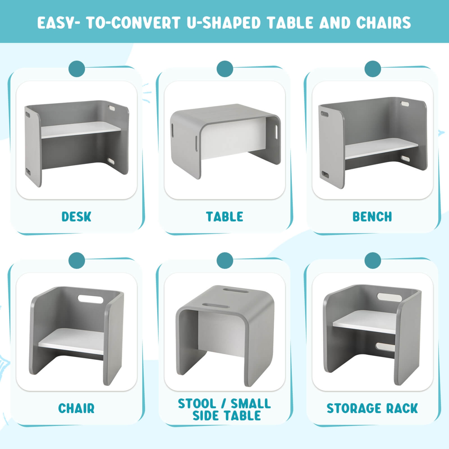 Costway 3 PCS Kids Wooden Table & Chair Set Children Multipurpose Homeschool Furniture Natural/Gray