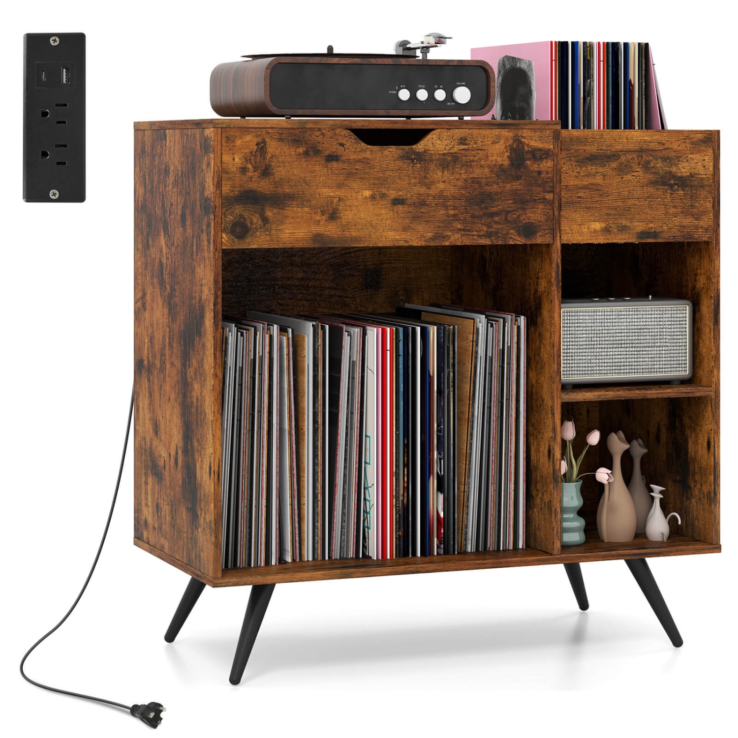 Costway Record Player Stand with Power Outlet, Drawer, Removable Divider Industrial Turntable Display Stand