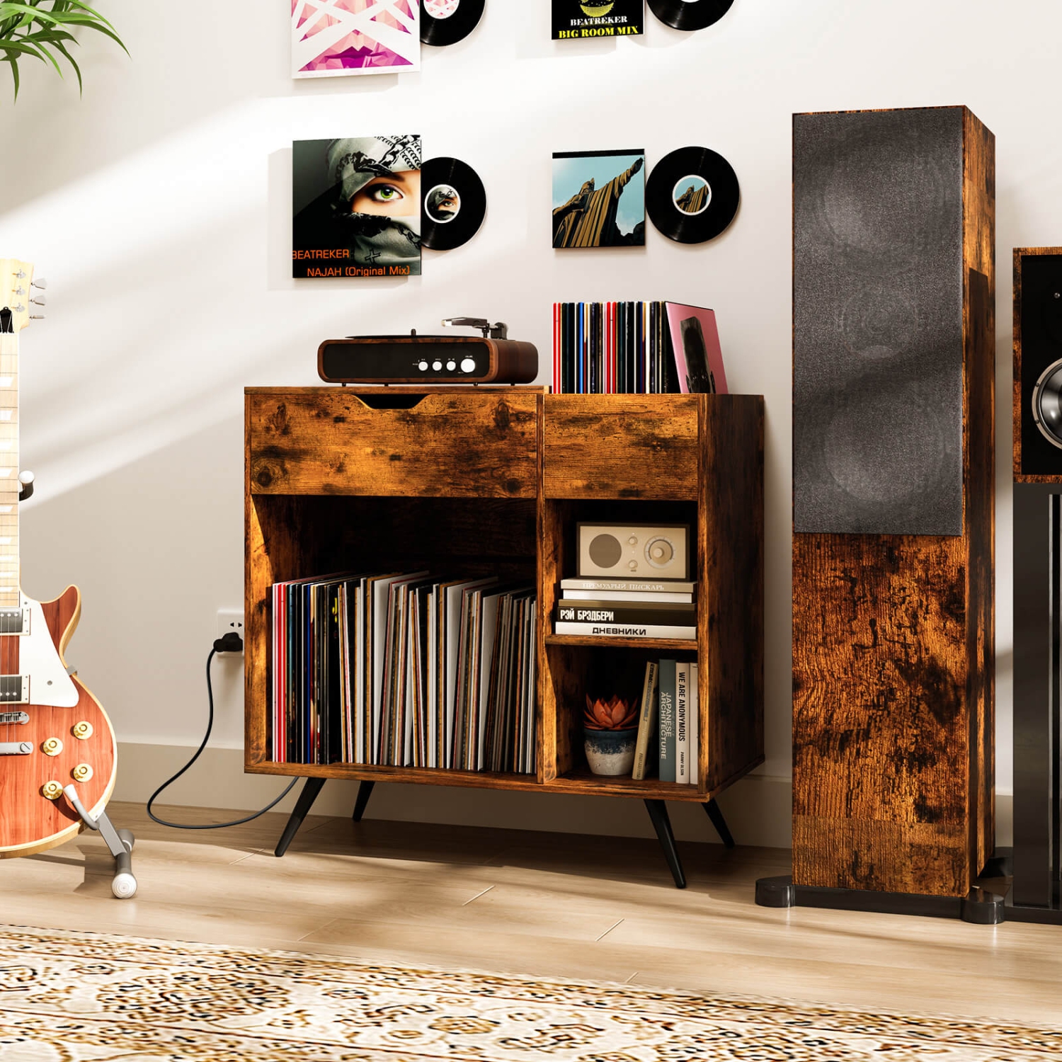 Costway Record Player Stand with Power Outlet, Drawer, Removable Divider Industrial Turntable Display Stand