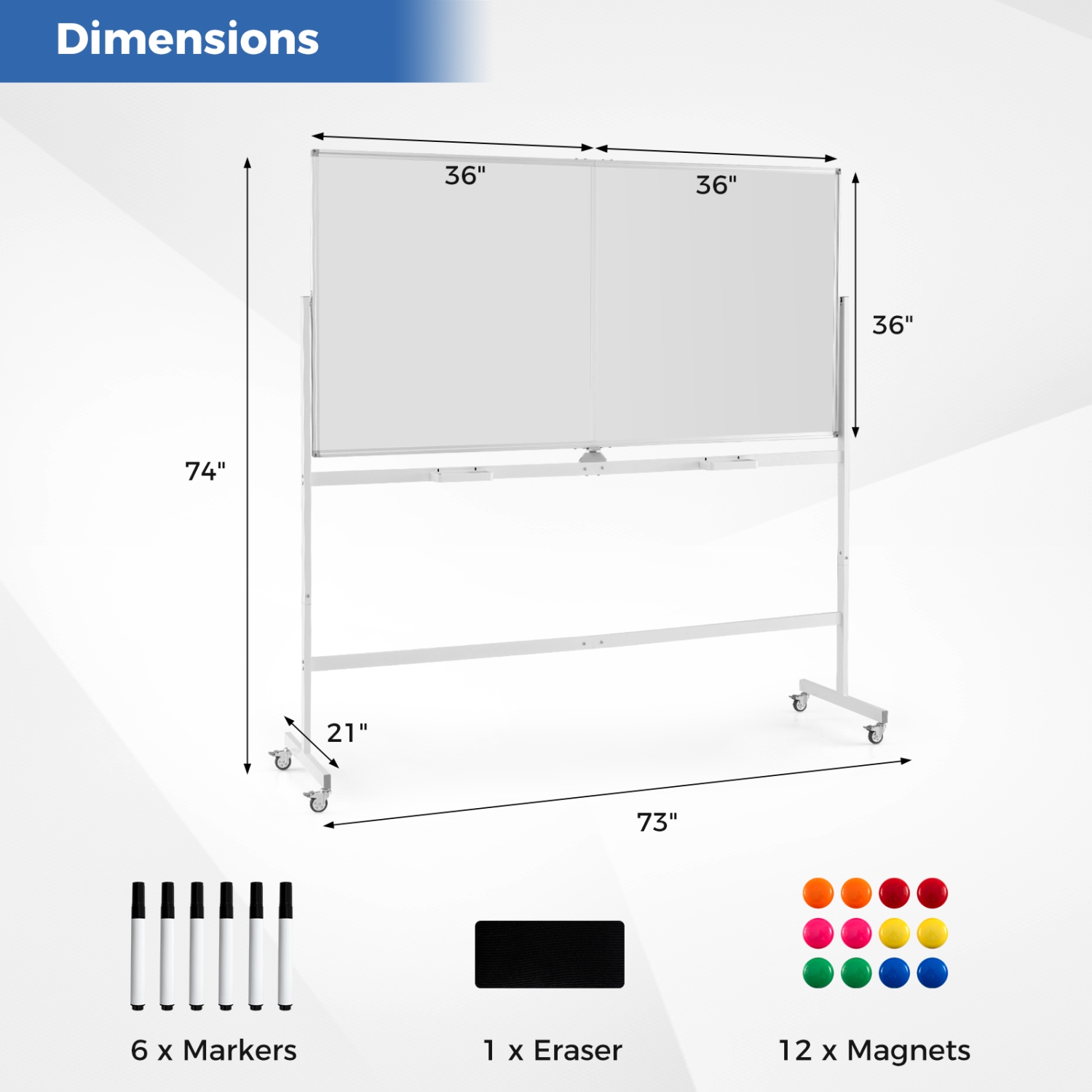 Costway 72" x 36" Double-Sided Magnetic Whiteboard with Stand and Aluminum Alloy Frame