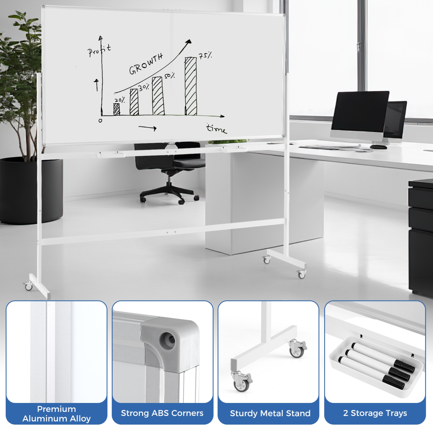 Costway 72" x 36" Double-Sided Magnetic Whiteboard with Stand and Aluminum Alloy Frame