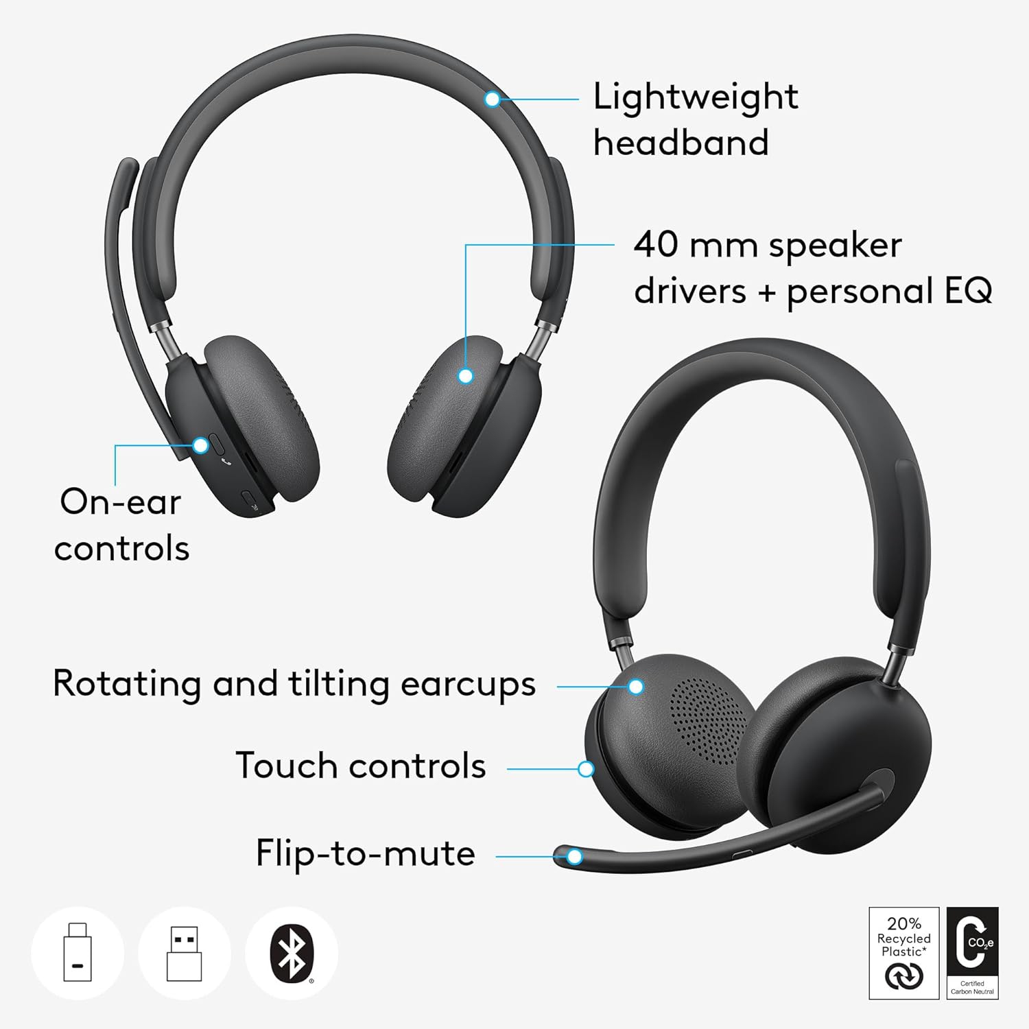 Refurbished - Logitech Zone 950 Premium Noise Canceling Headset with Hybrid ANC - Graphite