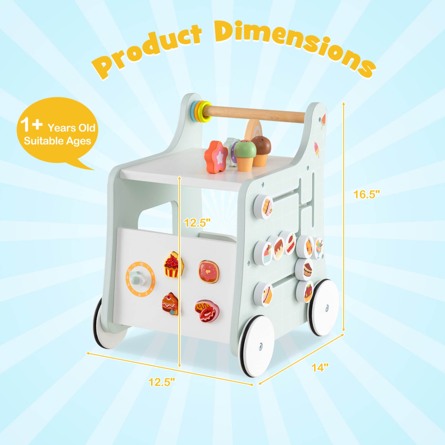 Costway Wooden Baby Walker Ice Cream Cart Toy with Sweet Accessories & Smooth Wheels Green/Pink