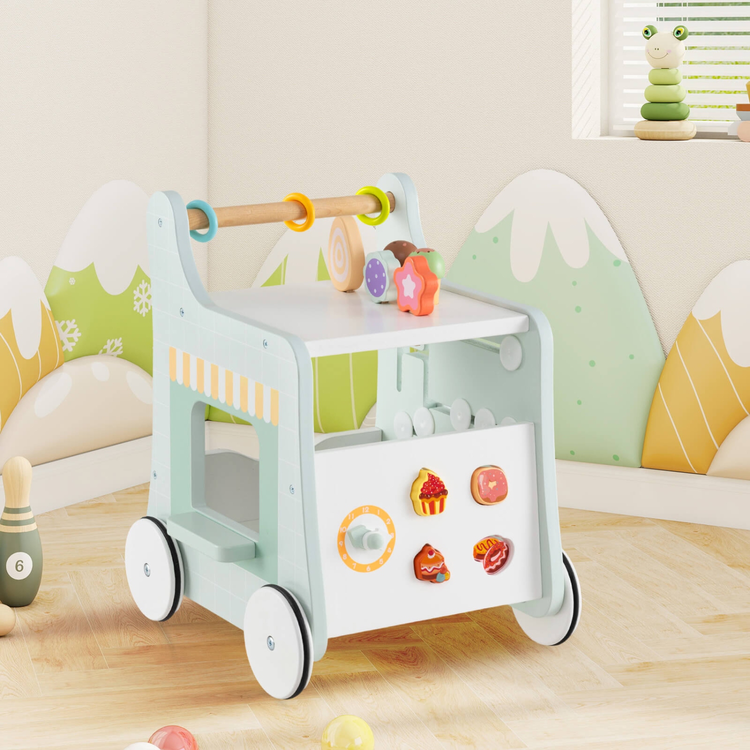 Costway Wooden Baby Walker Ice Cream Cart Toy with Sweet Accessories & Smooth Wheels Green/Pink