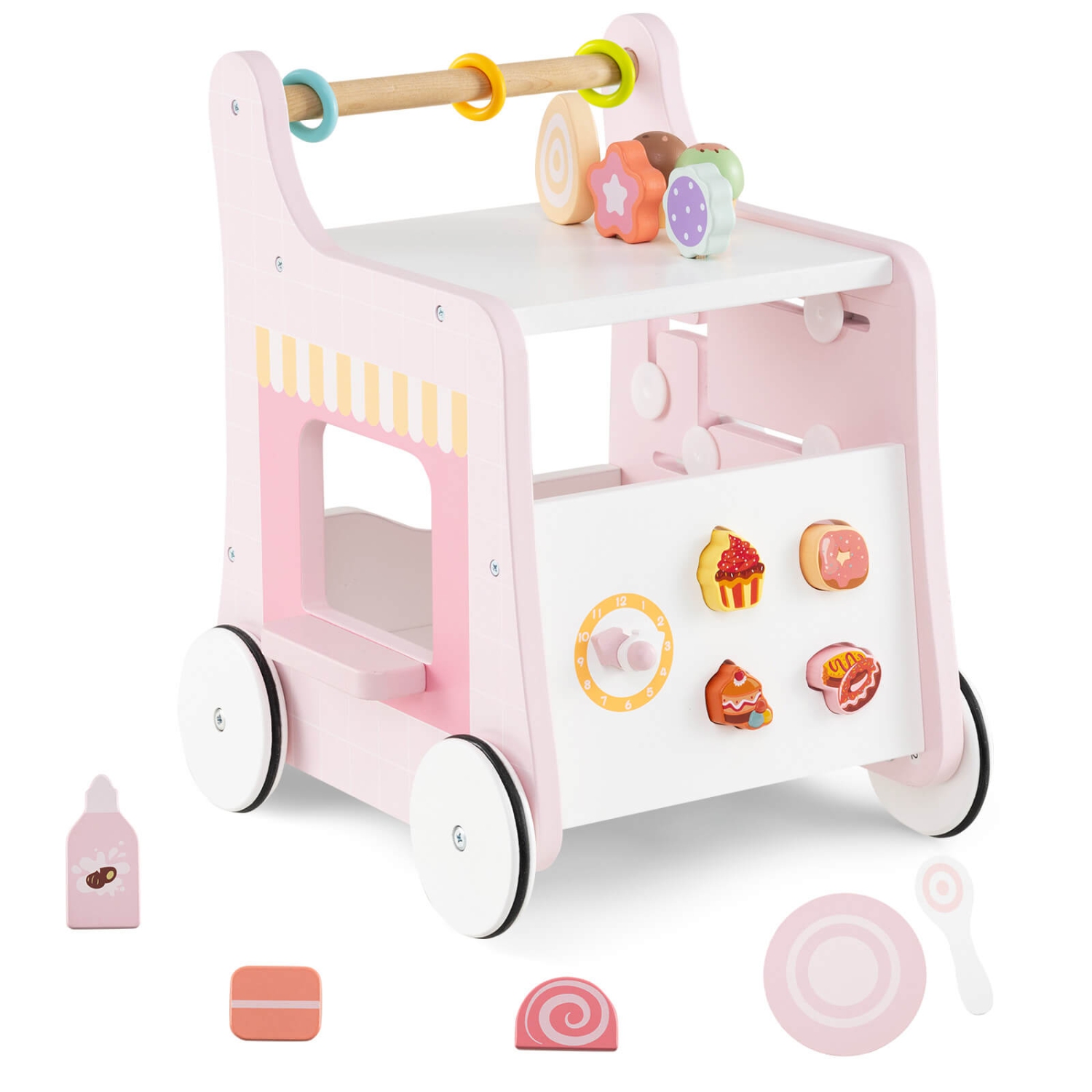 Costway Wooden Baby Walker Ice Cream Cart Toy with Sweet Accessories & Smooth Wheels Green/Pink