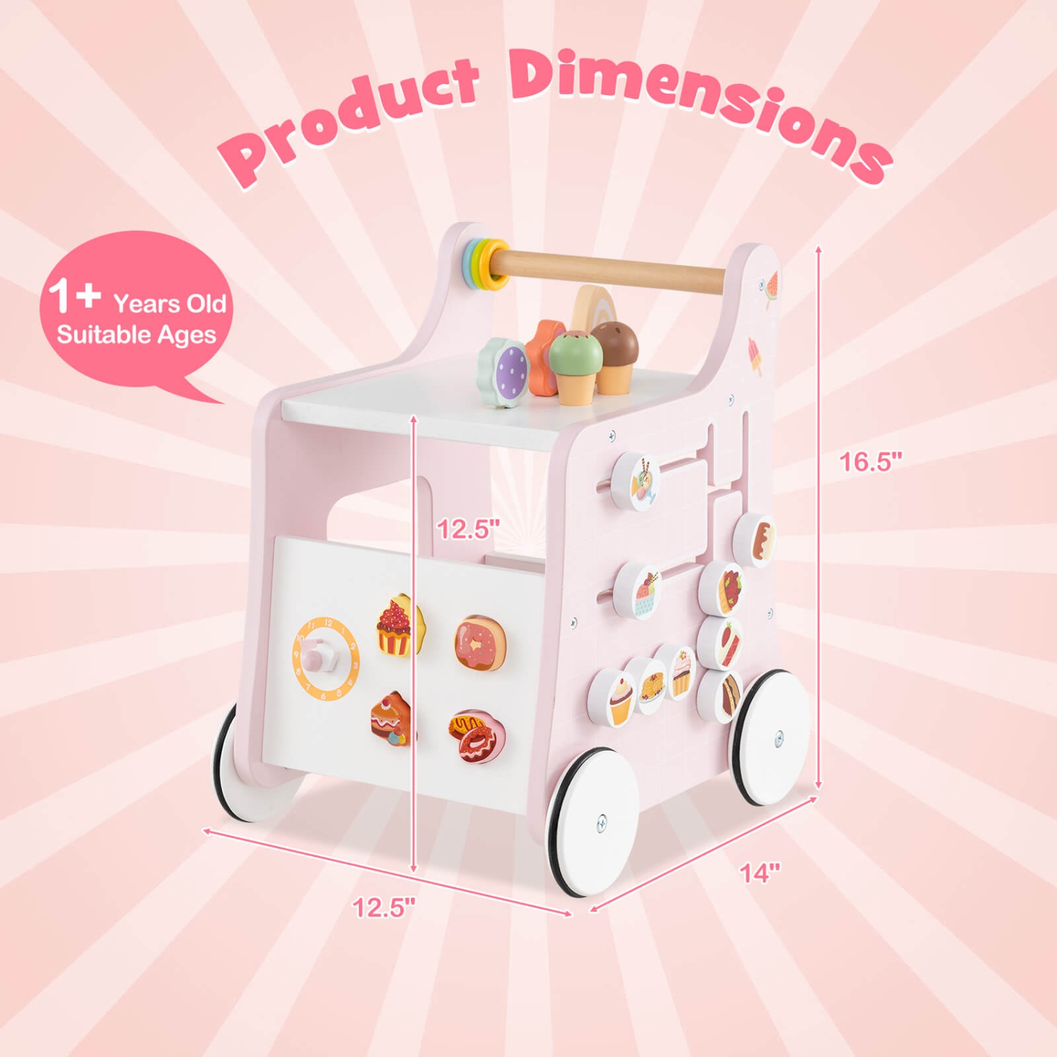 Costway Wooden Baby Walker Ice Cream Cart Toy with Sweet Accessories & Smooth Wheels Green/Pink