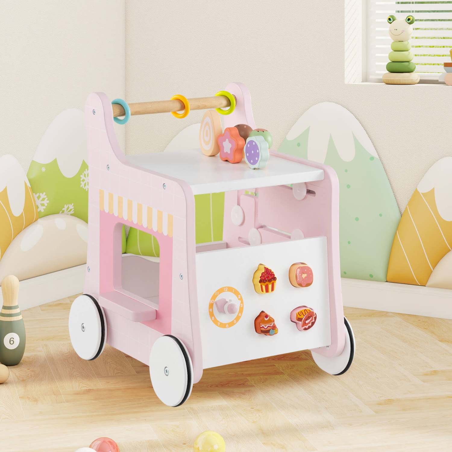 Costway Wooden Baby Walker Ice Cream Cart Toy with Sweet Accessories & Smooth Wheels Green/Pink