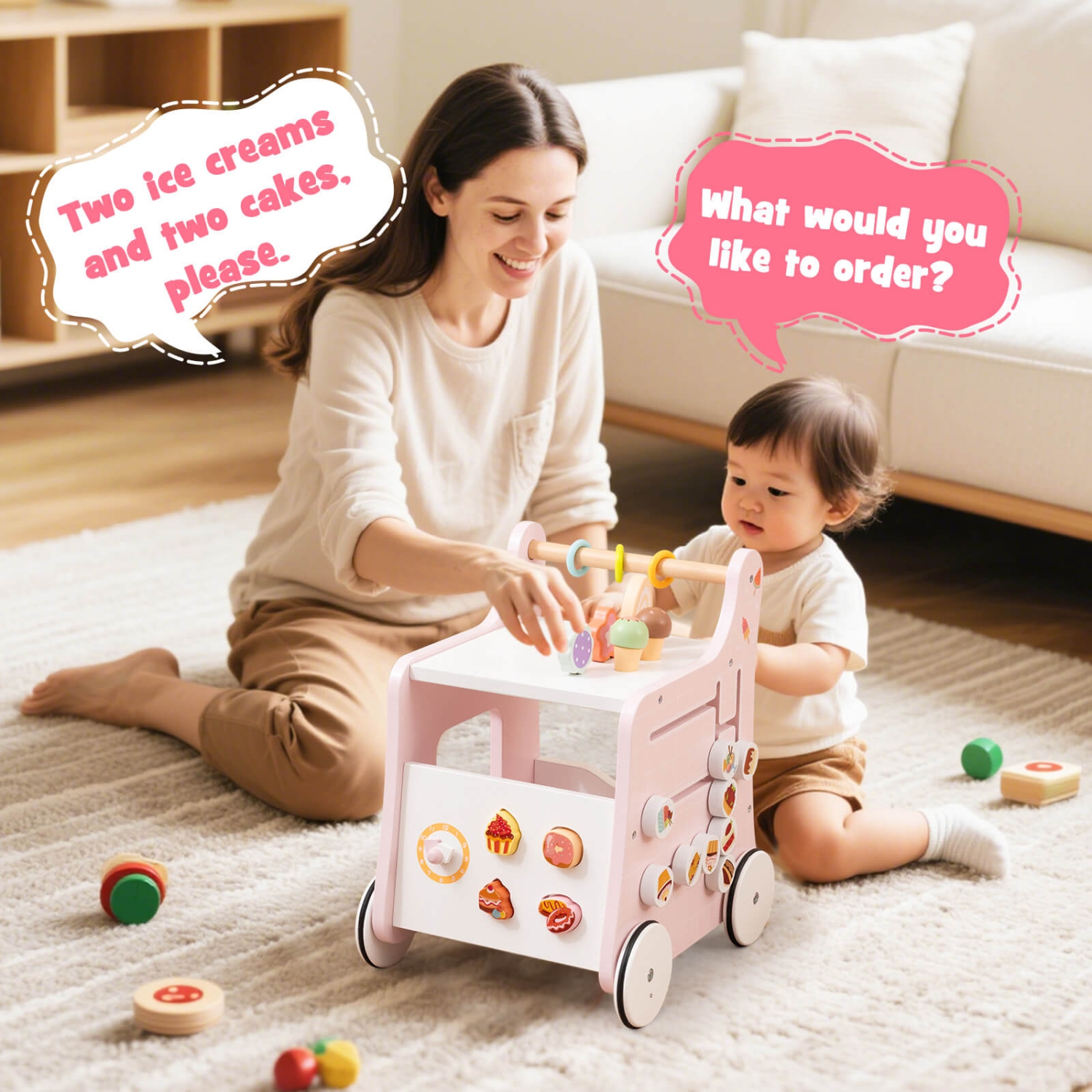 Costway Wooden Baby Walker Ice Cream Cart Toy with Sweet Accessories & Smooth Wheels Green/Pink