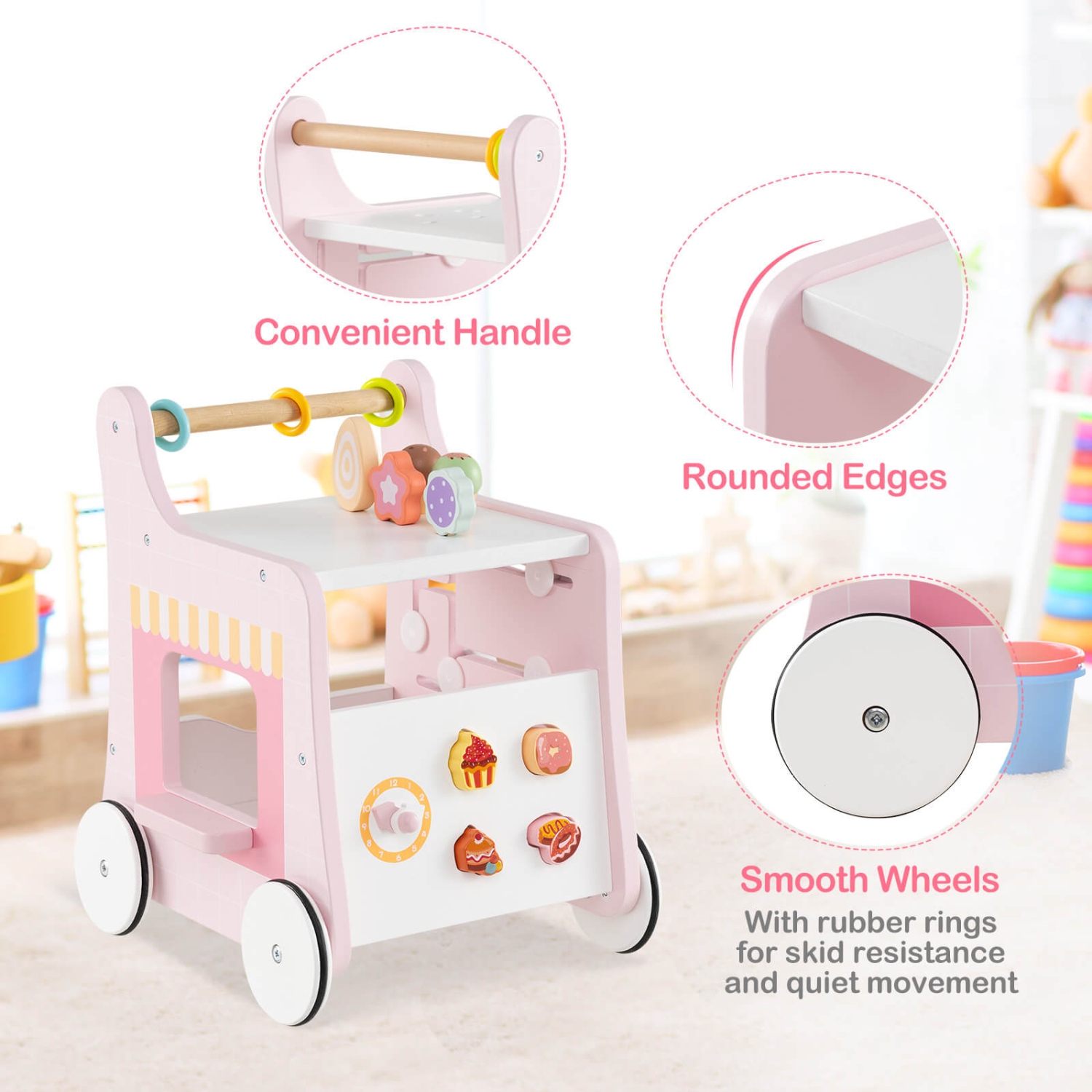 Costway Wooden Baby Walker Ice Cream Cart Toy with Sweet Accessories & Smooth Wheels Green/Pink