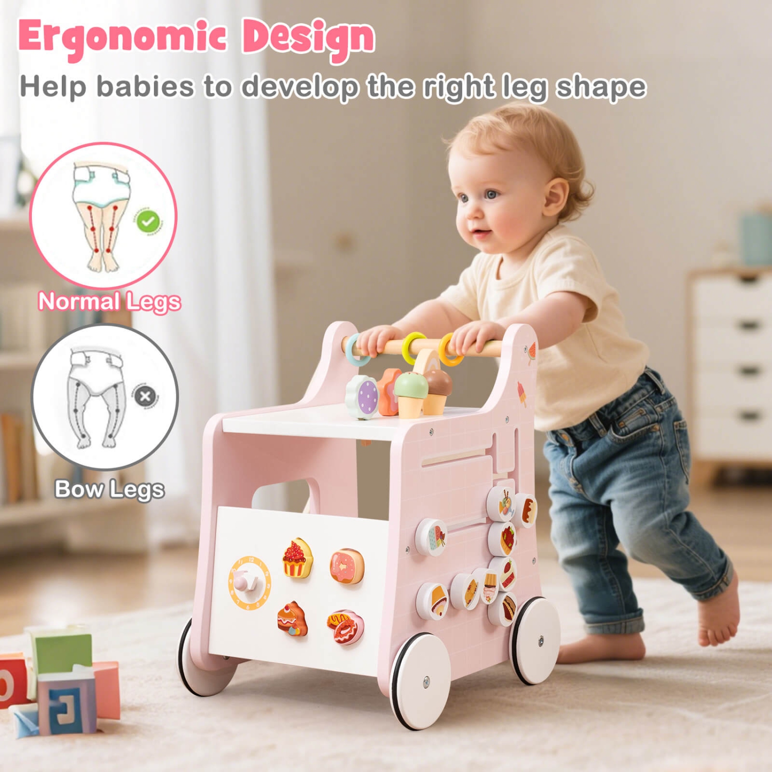 Costway Wooden Baby Walker Ice Cream Cart Toy with Sweet Accessories & Smooth Wheels Green/Pink
