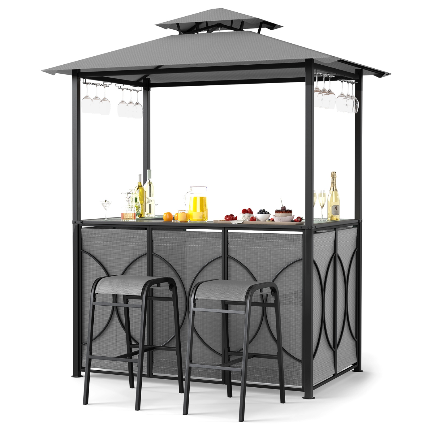 Costway 6.5 x 4 x 8 FT Grill Gazebo Set with 2 Bar Stools, Tempered Glass Bar Table Brown/Gray