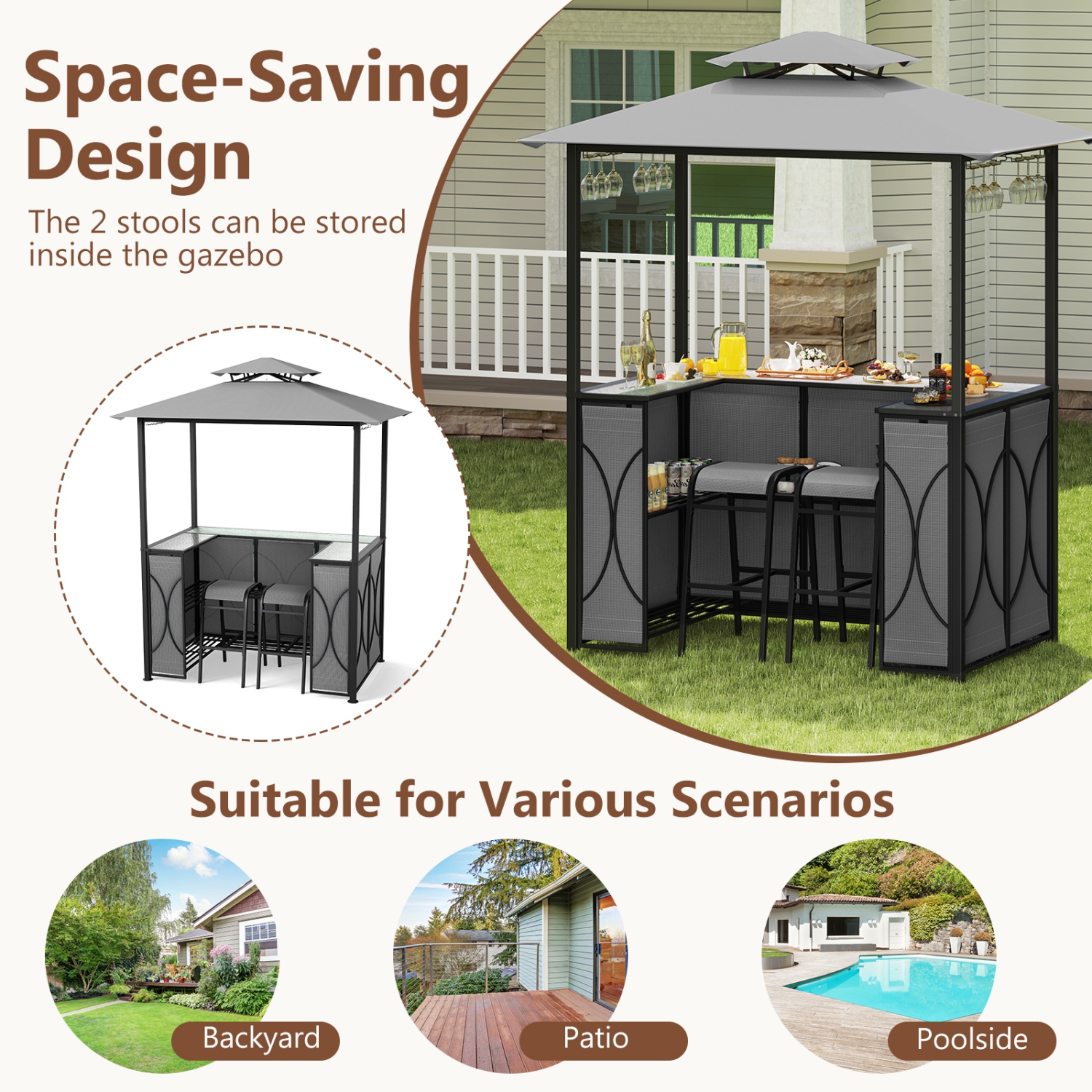 Costway 6.5 x 4 x 8 FT Grill Gazebo Set with 2 Bar Stools, Tempered Glass Bar Table Brown/Gray