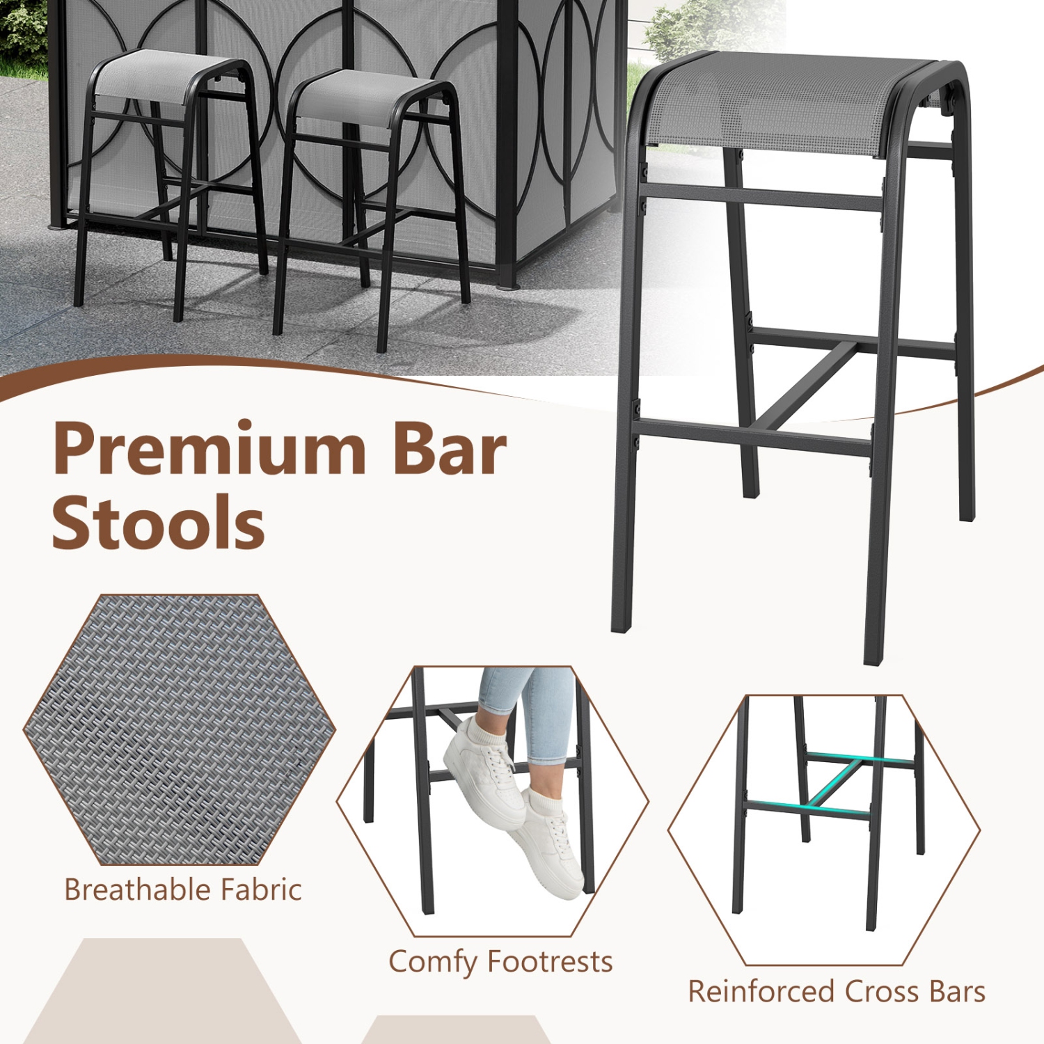 Costway 6.5 x 4 x 8 FT Grill Gazebo Set with 2 Bar Stools, Tempered Glass Bar Table Brown/Gray