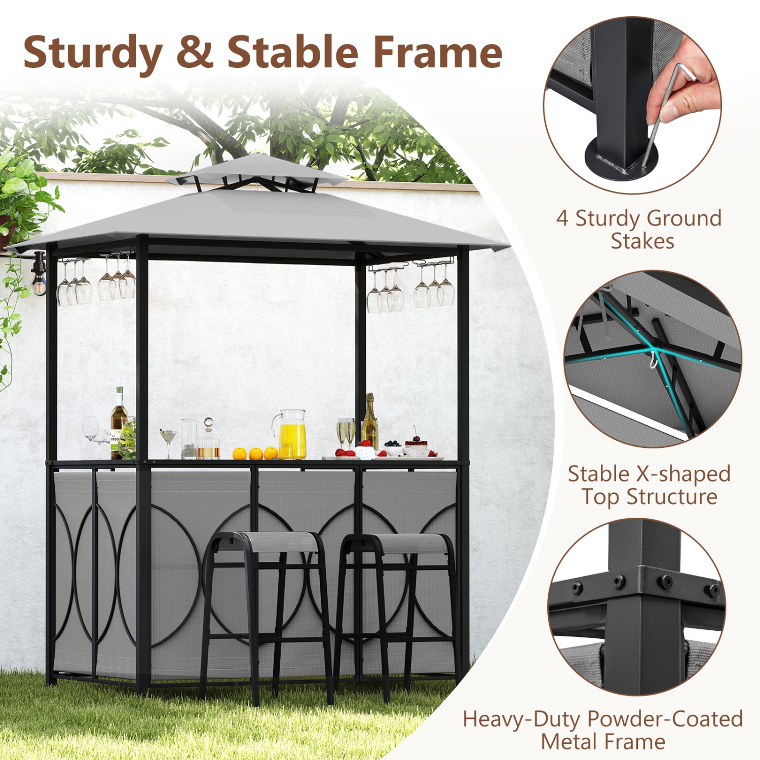 Costway 6.5 x 4 x 8 FT Grill Gazebo Set with 2 Bar Stools, Tempered Glass Bar Table Brown/Gray