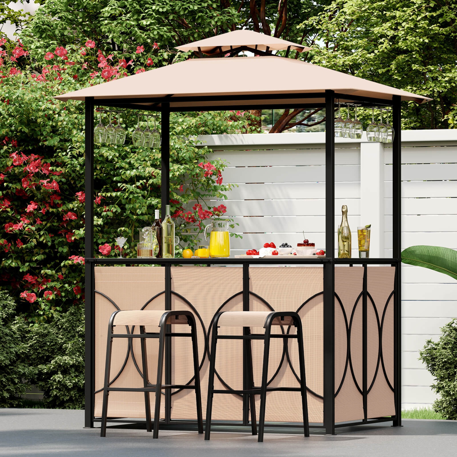 Costway 6.5 x 4 x 8 FT Grill Gazebo Set with 2 Bar Stools, Tempered Glass Bar Table Brown/Gray