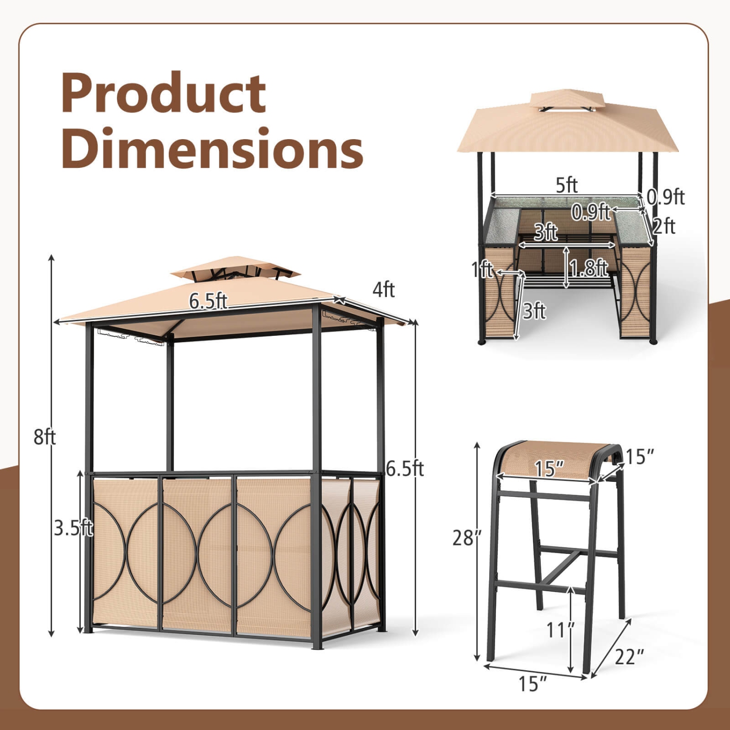 Costway 6.5 x 4 x 8 FT Grill Gazebo Set with 2 Bar Stools, Tempered Glass Bar Table Brown/Gray