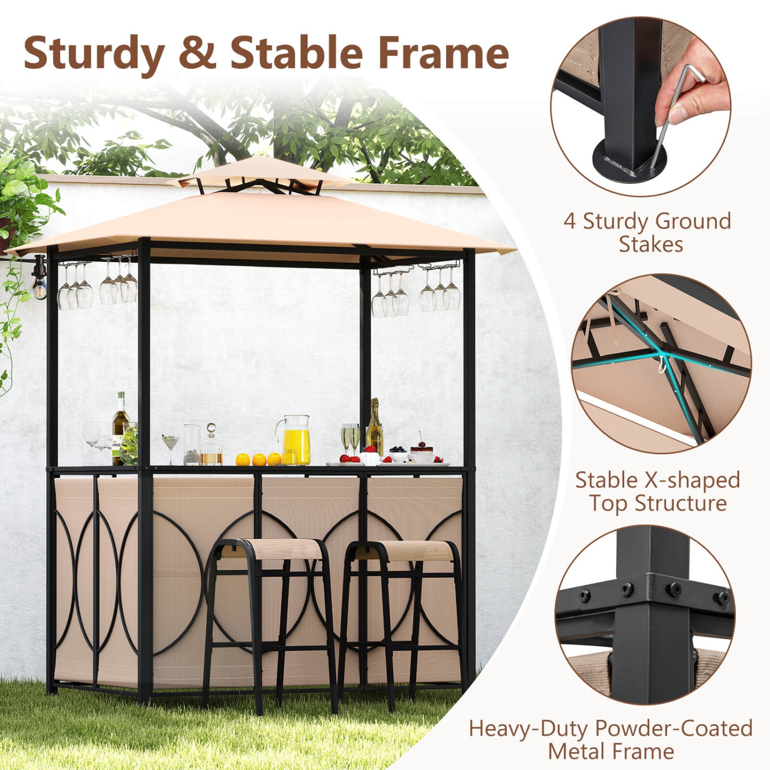 Costway 6.5 x 4 x 8 FT Grill Gazebo Set with 2 Bar Stools, Tempered Glass Bar Table Brown/Gray