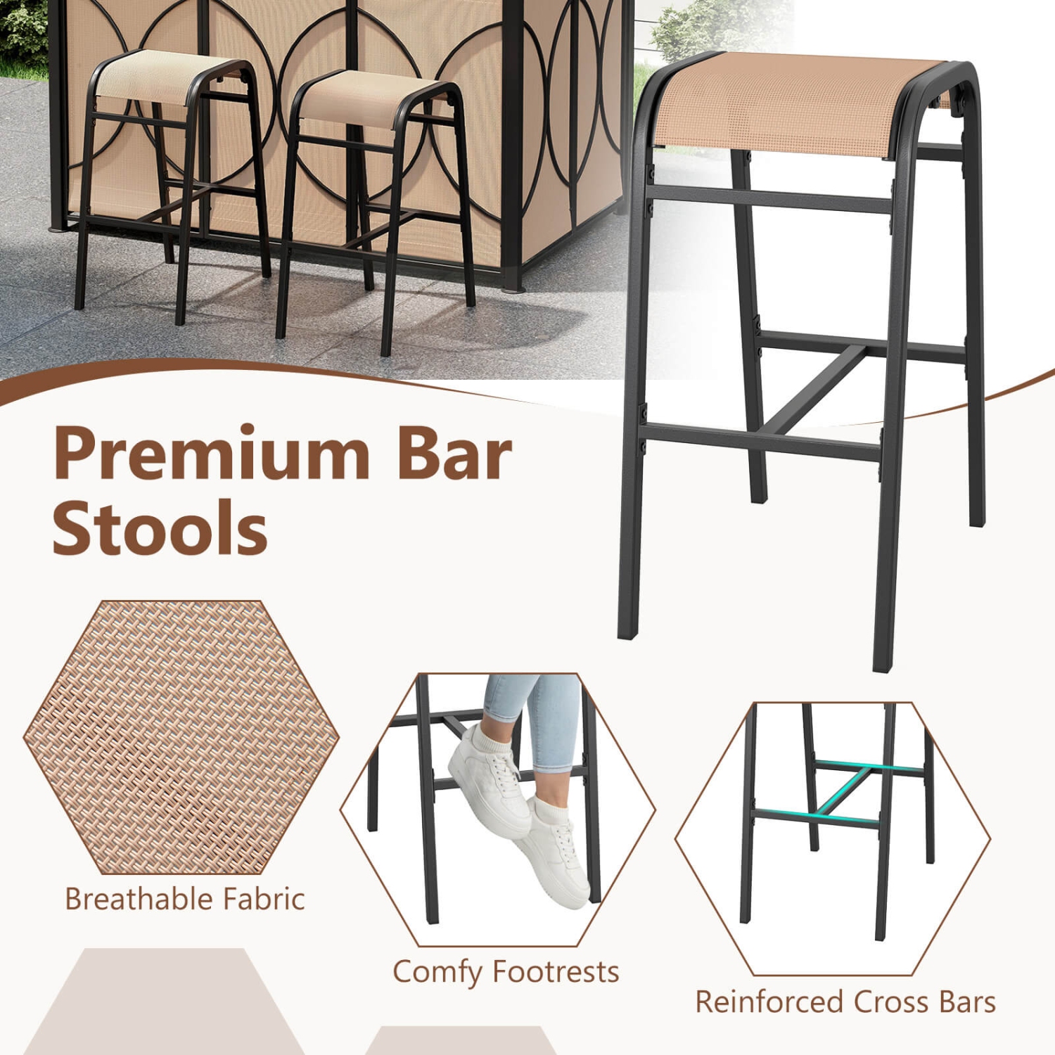 Costway 6.5 x 4 x 8 FT Grill Gazebo Set with 2 Bar Stools, Tempered Glass Bar Table Brown/Gray