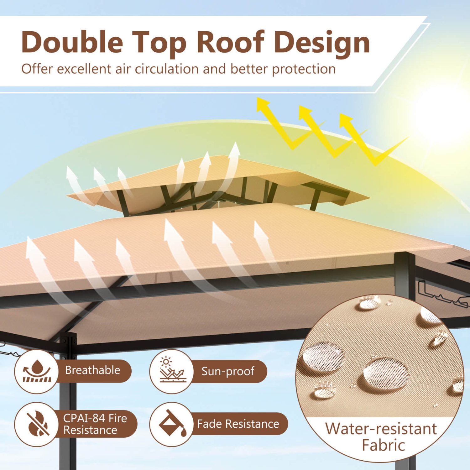 Costway 6.5 x 4 x 8 FT Grill Gazebo Set with 2 Bar Stools, Tempered Glass Bar Table Brown/Gray