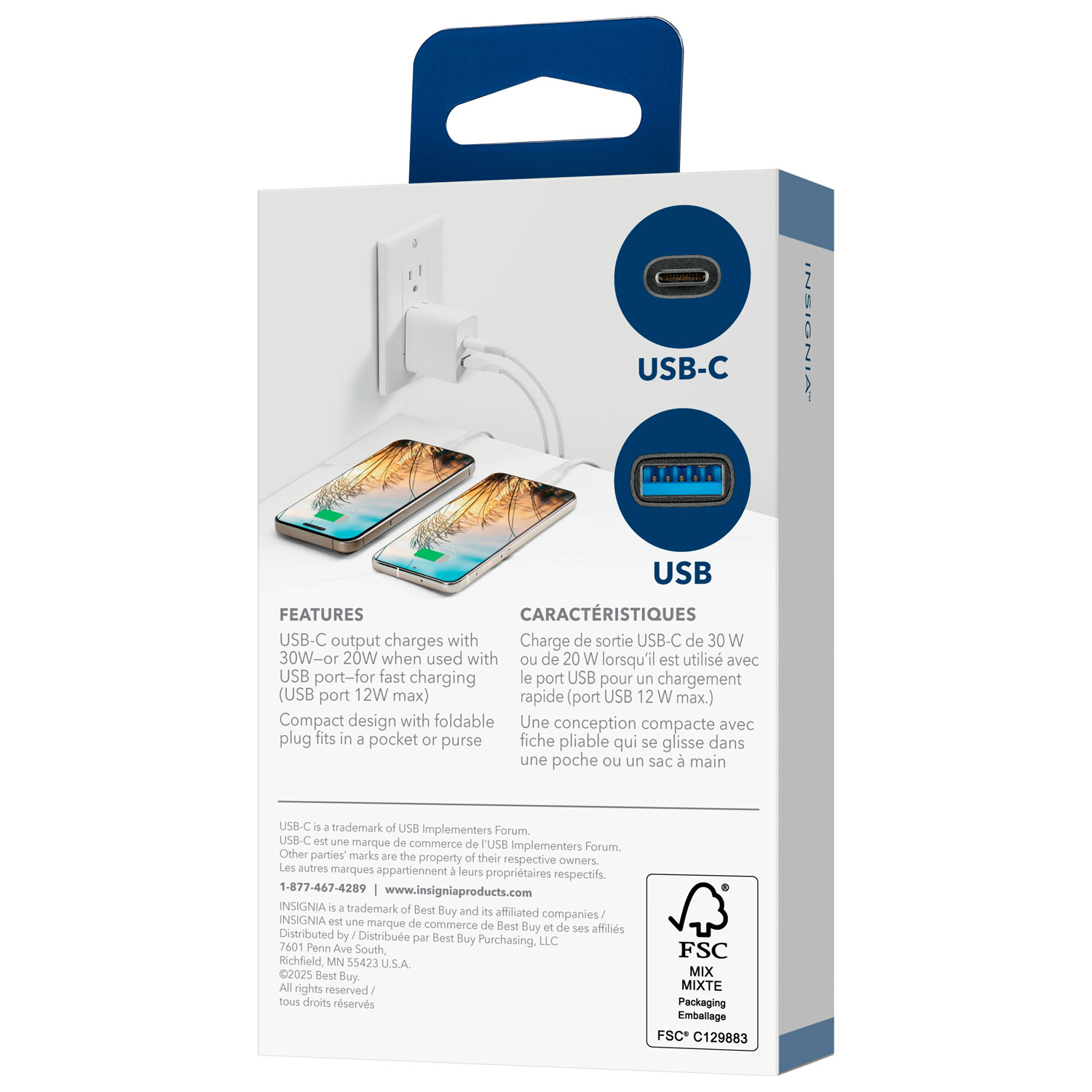 Chargeur mural pliable USB-A/USB-C de 32 W d'Insignia - Blanc