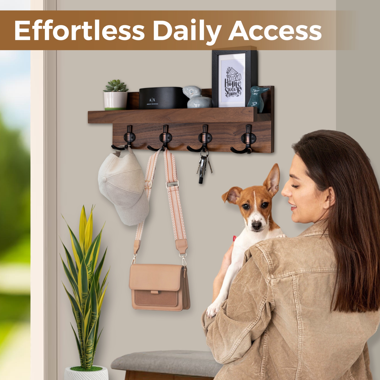 Organisateur d'entrée Straga 23&nbsp;po noyer avec 4 crochets et tablette - Portemanteau mural pour clés, sacs - vestiaire, couloir - Fabriqué au